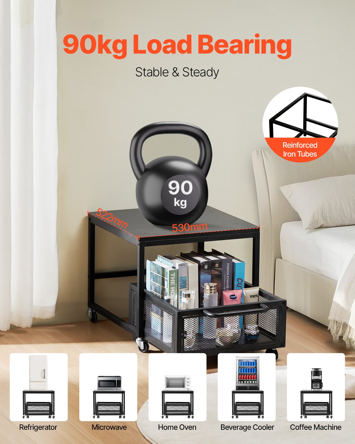 VEVOR - Mini refrigerador con soporte y almacenamiento, mesa de 89 kg con carrito de almacenamiento móvil y ruedas giratorias, soporte para bebidas, organizador para oficina, hogar y dormitorio, color negro