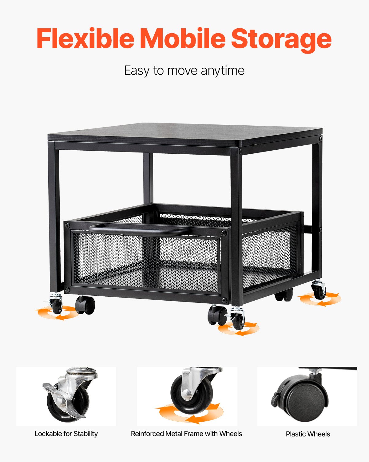 VEVOR - Mini refrigerador con soporte y almacenamiento, mesa de 89 kg con carrito de almacenamiento móvil y ruedas giratorias, soporte para bebidas, organizador para oficina, hogar y dormitorio, color negro