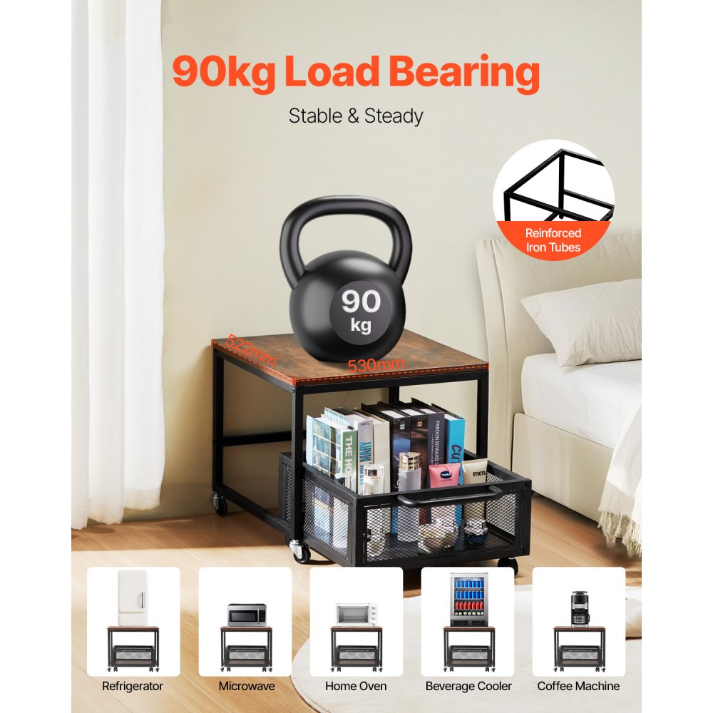 VEVOR - Mini refrigerador con soporte y almacenamiento, mesa de 89 kg con carrito de almacenamiento móvil y ruedas giratorias, soporte para bebidas, organizador para el hogar, dormitorio, marrón oscuro