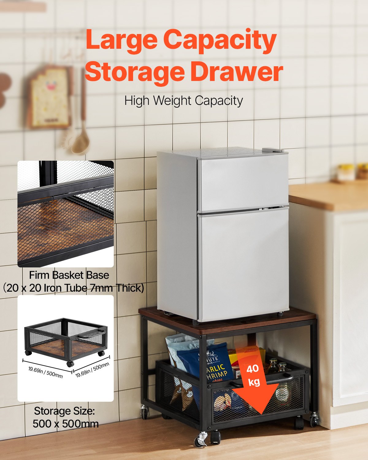 VEVOR - Mini refrigerador con soporte y almacenamiento, mesa de 89 kg con carrito de almacenamiento móvil y ruedas giratorias, soporte para bebidas, organizador para el hogar, dormitorio, marrón oscuro