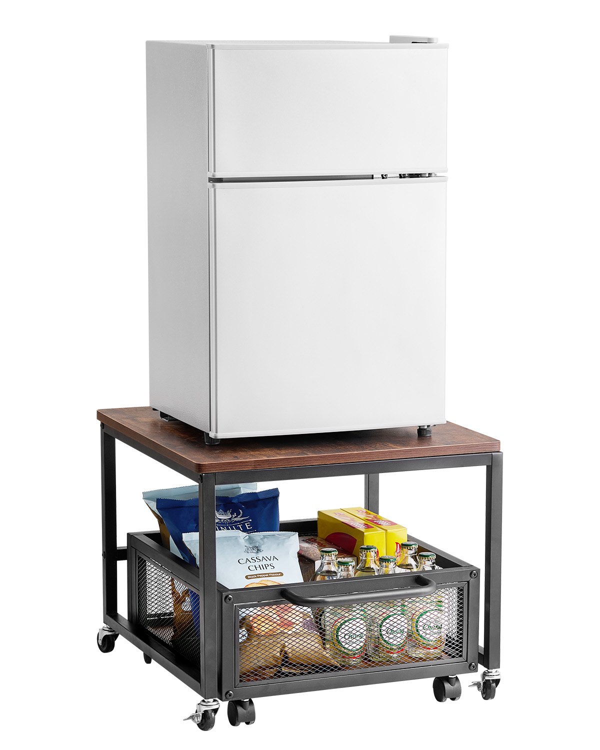 Soporte para mininevera VEVOR con almacenamiento, mesa para mininevera de 90 kg con carrito de almacenamiento móvil y ruedas giratorias, soporte para refrigerador de bebidas para barra de café, organizador de mininevera para el hogar o dormitorio, marrón oscuro