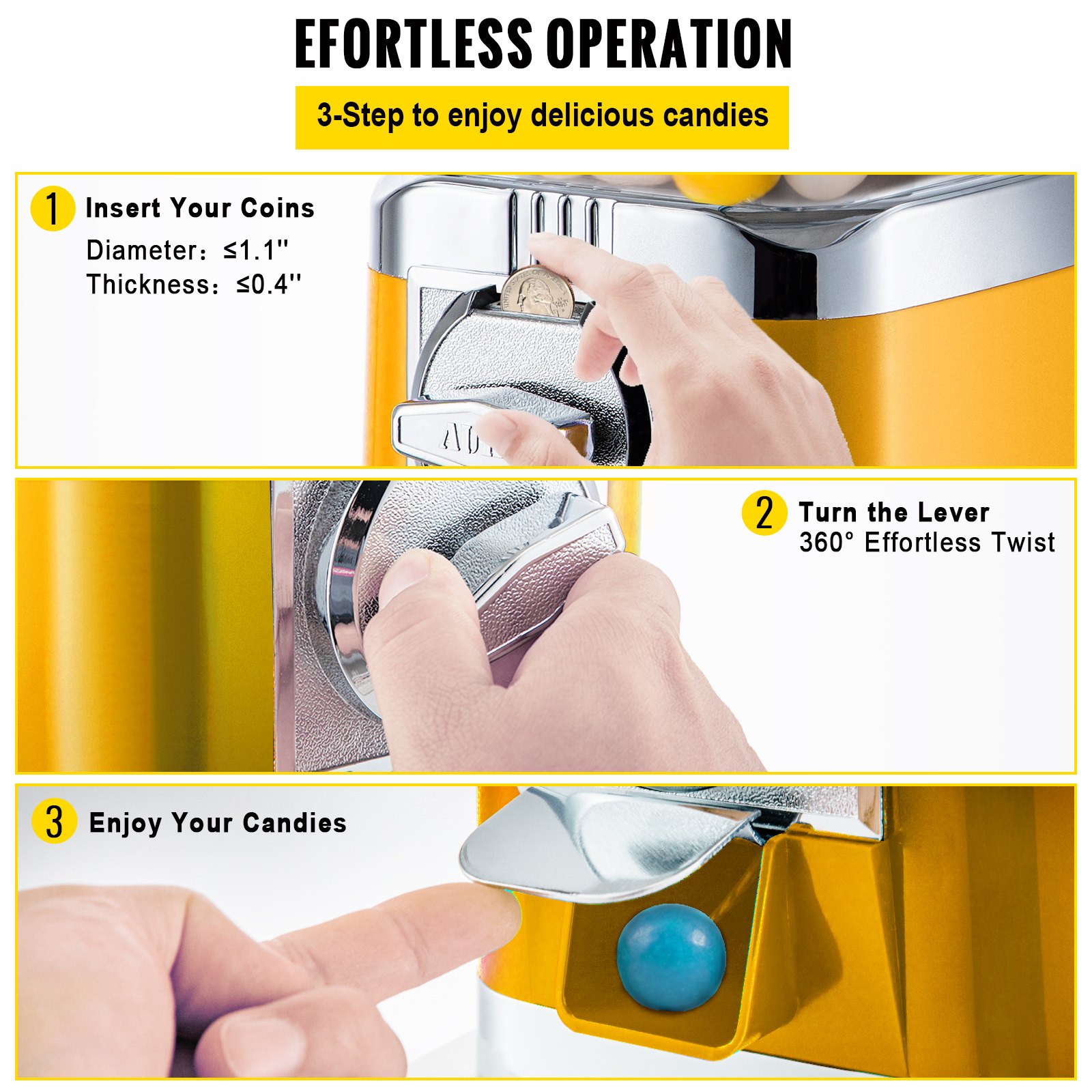 VEVOR Gumball Machine Gumball Coin Bank Vintage PC Máquina expendedora Soporte Amarillo