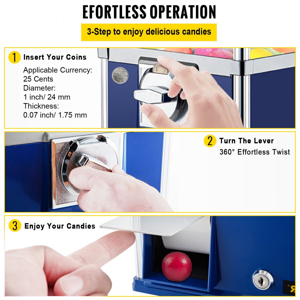 Máquina expendedora VEVOR, máquina expendedora de caramelos de 25,2" de altura, banco de chicles de gran capacidad de carga, máquina expendedora de caramelos para dispositivos de 1,8"-2,2", perfecto para tiendas de juegos y tiendas minoristas estilo vintage azul