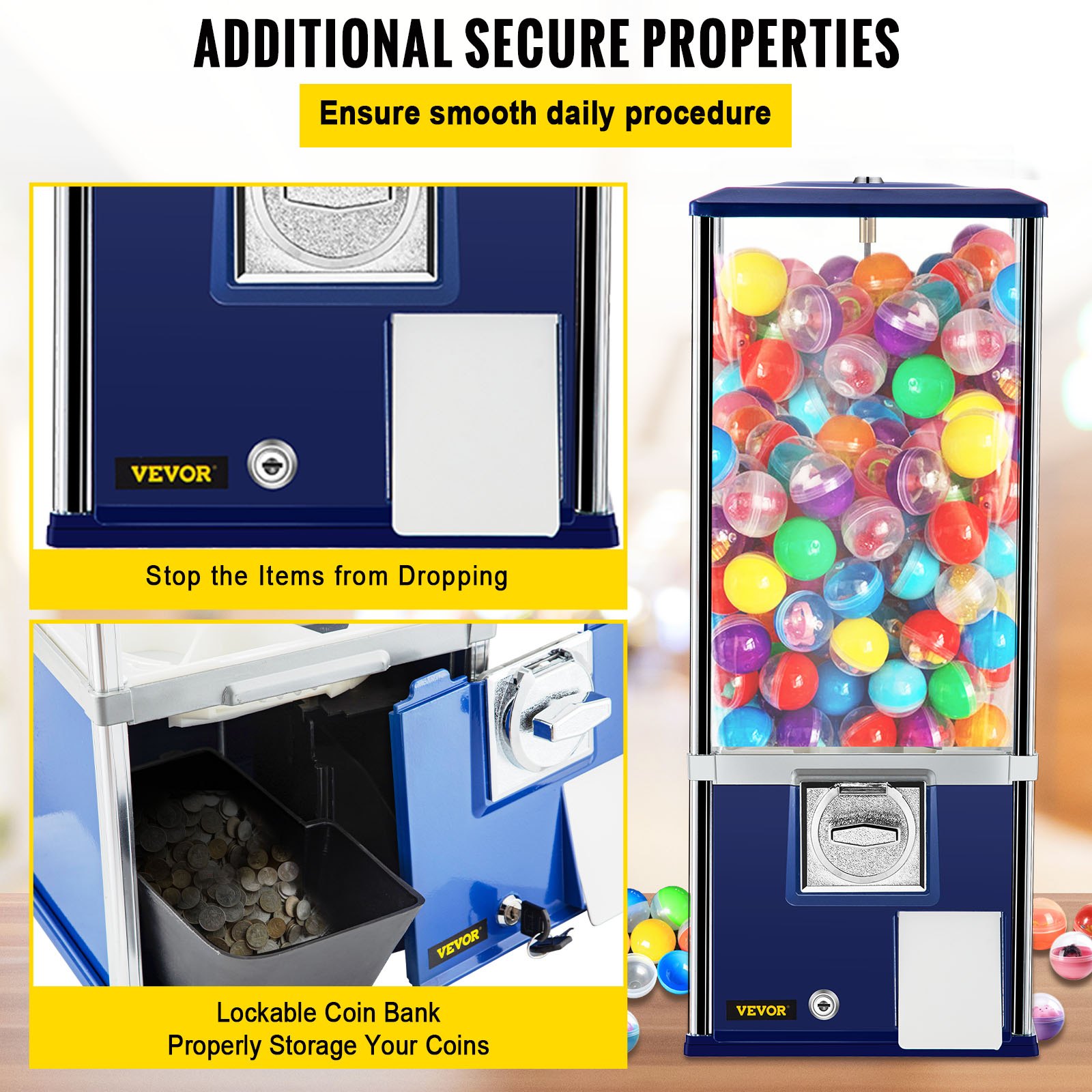 Máquina expendedora VEVOR, máquina expendedora de caramelos de 25,2" de altura, banco de chicles de gran capacidad de carga, máquina expendedora de caramelos para dispositivos de 1,8"-2,2", perfecto para tiendas de juegos y tiendas minoristas estilo vintage azul
