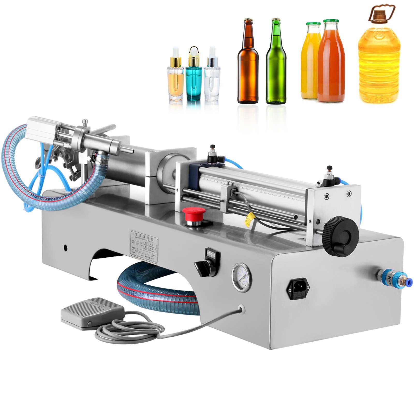 Llenadora de líquidos neumática completa horizontal VEVOR, Llenadora de líquidos neumática semiautomática de 100-1000 ml, Máquina de llenado de líquidos de cabezal único, para varios líquidos