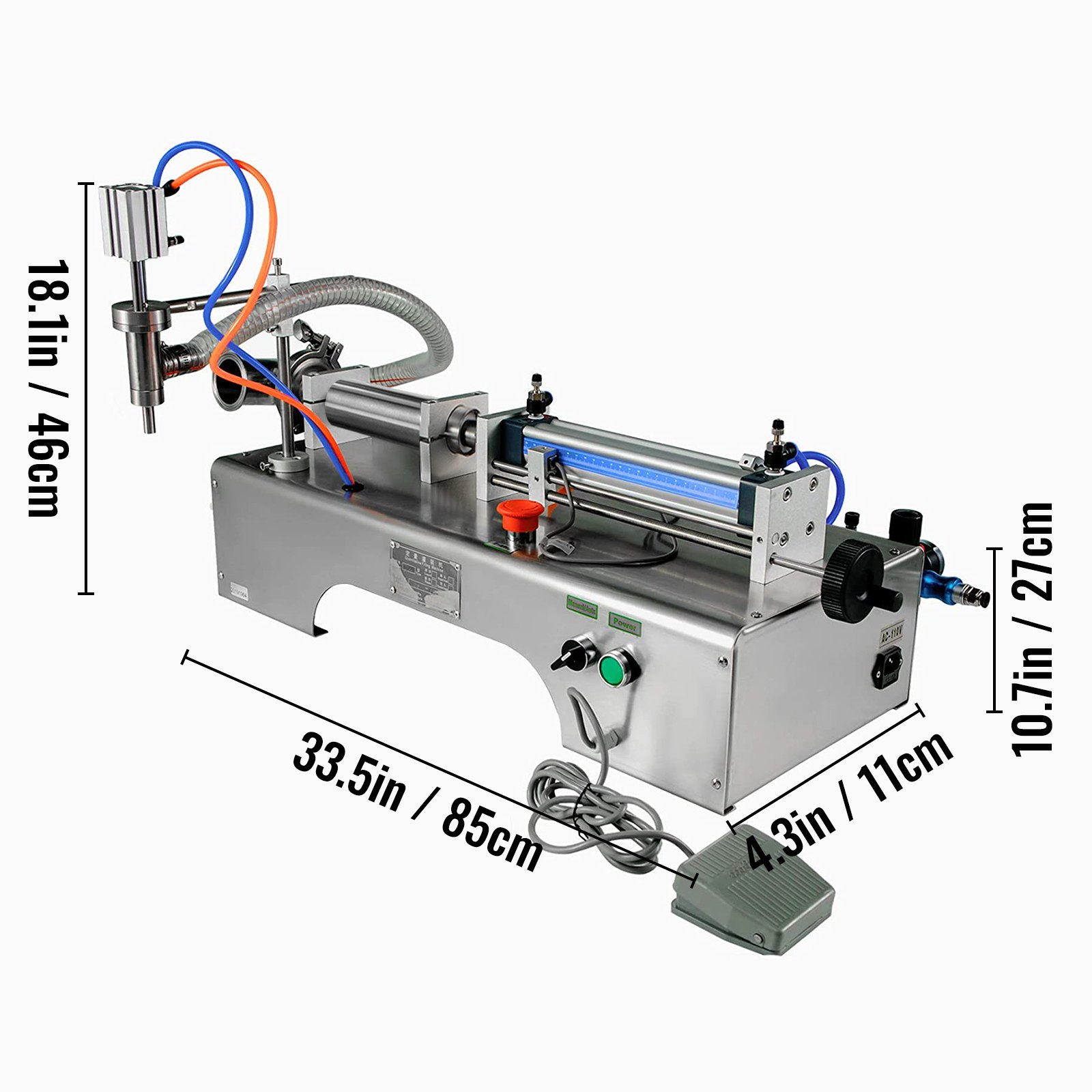 Llenadora de líquidos neumática completa horizontal VEVOR, Llenadora de líquidos neumática semiautomática de 100-1000 ml, Máquina de llenado de líquidos de cabezal único, para varios líquidos