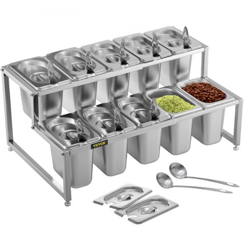 VEVOR Especiero extensible, 13.8"-23.6" ajustable, estante organizador de acero inoxidable de 2 niveles con 10 1/9 sartenes y 10 cucharones, soporte de encimera para ingredientes de salsa, frutas, para uso en cocina y despensa
