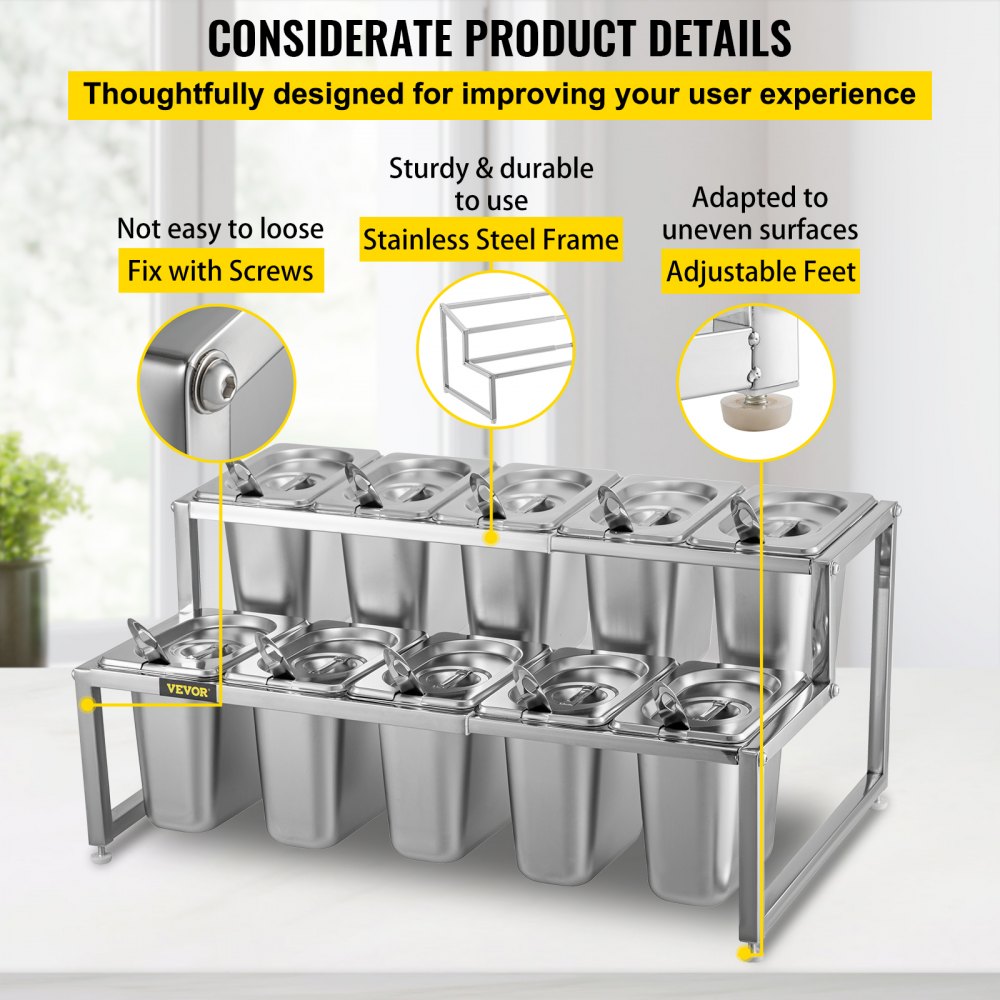 VEVOR Especiero extensible, 13.8"-23.6" ajustable, estante organizador de acero inoxidable de 2 niveles con 10 1/9 sartenes y 10 cucharones, soporte de encimera para ingredientes de salsa, frutas, para uso en cocina y despensa