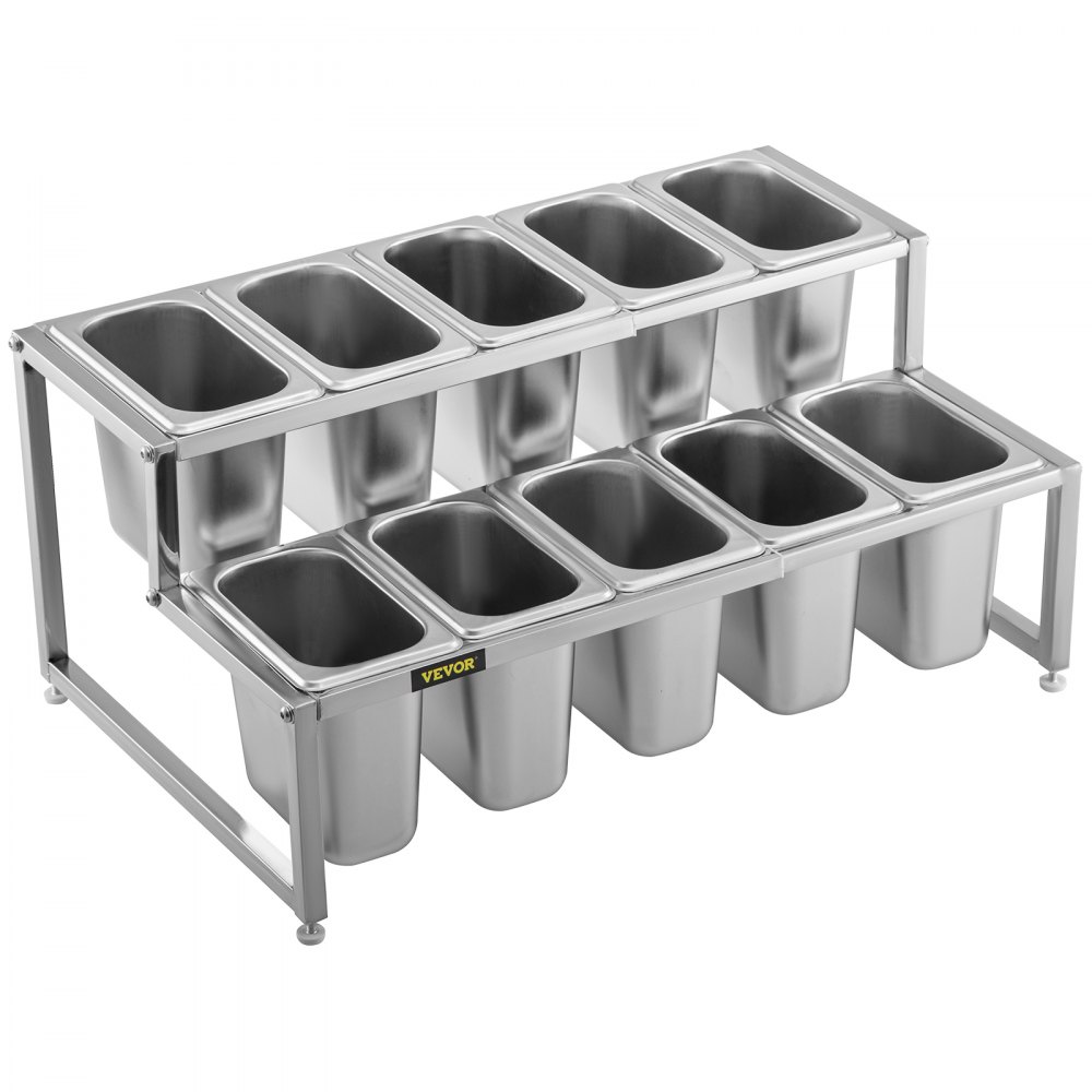 VEVOR Especiero extensible, 13.8"-23.6" ajustable, estante organizador de acero inoxidable de 2 niveles con 10 1/9 sartenes y 10 cucharones, soporte de encimera para ingredientes de salsa, frutas, para uso en cocina y despensa