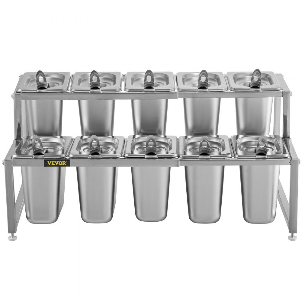 VEVOR Especiero extensible, 13.8"-23.6" ajustable, estante organizador de acero inoxidable de 2 niveles con 10 1/9 sartenes y 10 cucharones, soporte de encimera para ingredientes de salsa, frutas, para uso en cocina y despensa