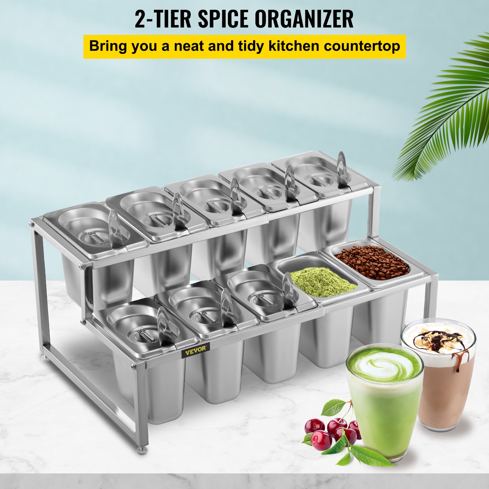 VEVOR Especiero extensible, 13.8"-23.6" ajustable, estante organizador de acero inoxidable de 2 niveles con 10 1/9 sartenes y 10 cucharones, soporte de encimera para ingredientes de salsa, frutas, para uso en cocina y despensa