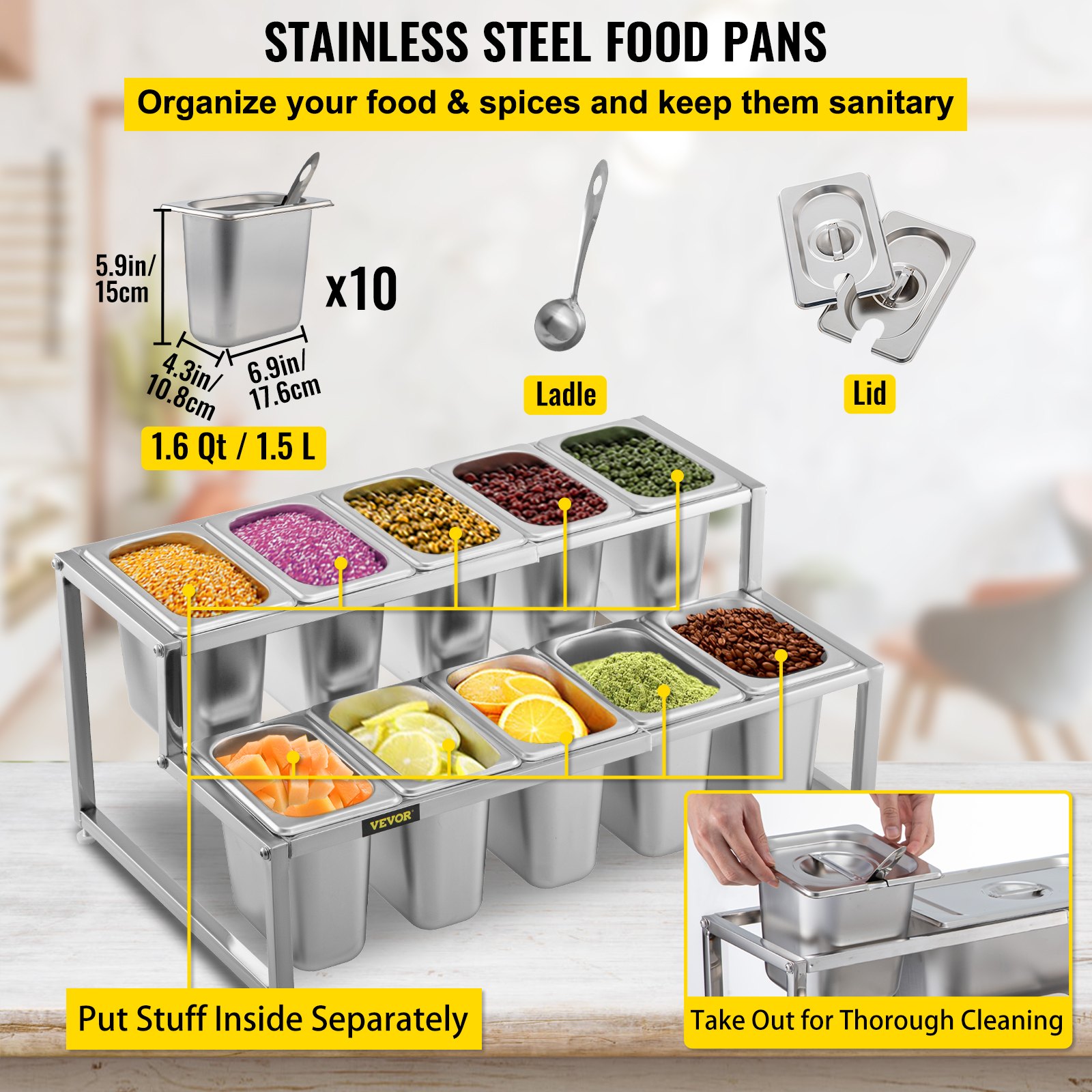 VEVOR Especiero extensible, 13.8"-23.6" ajustable, estante organizador de acero inoxidable de 2 niveles con 10 1/9 sartenes y 10 cucharones, soporte de encimera para ingredientes de salsa, frutas, para uso en cocina y despensa