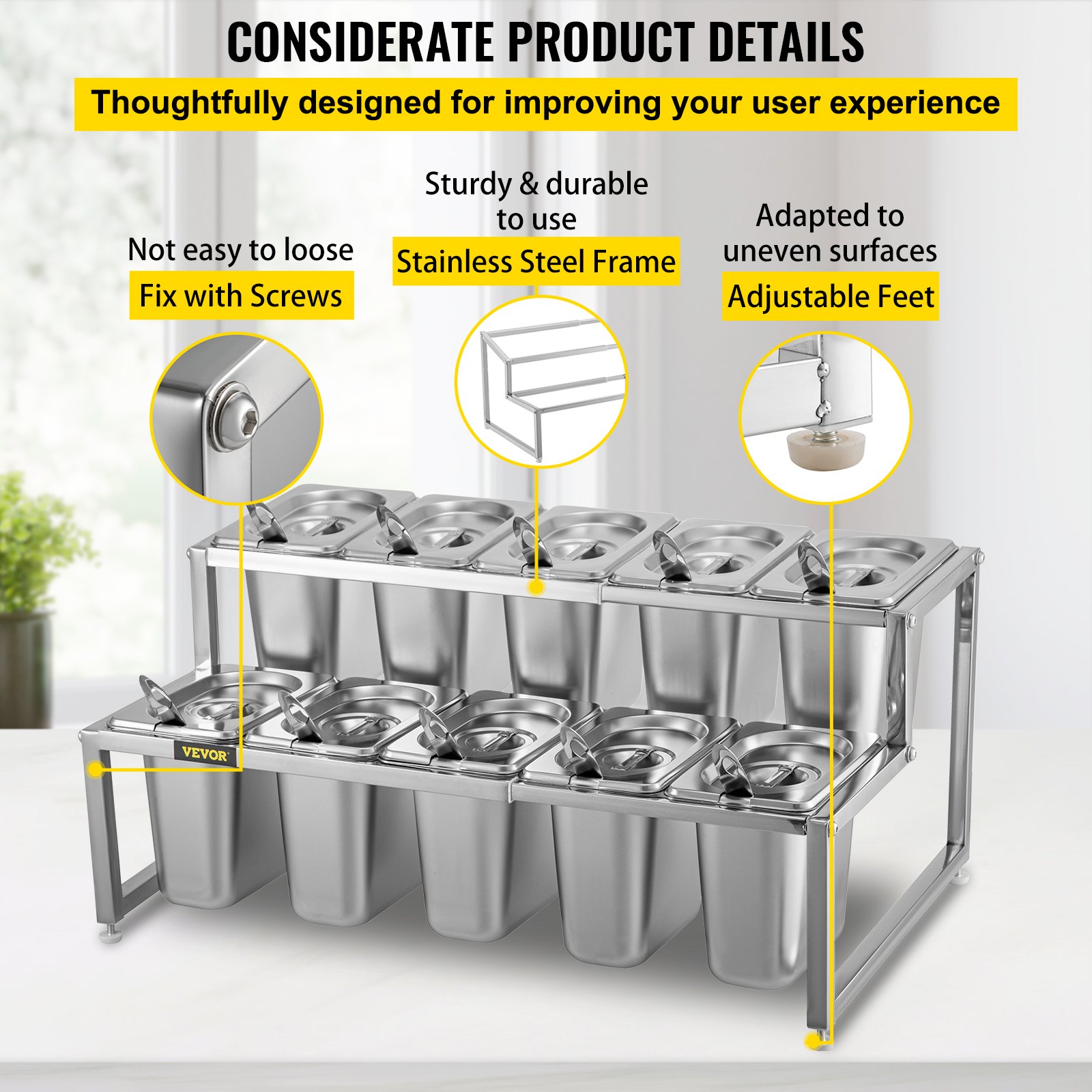 VEVOR Especiero extensible, 13.8"-23.6" ajustable, estante organizador de acero inoxidable de 2 niveles con 10 1/9 sartenes y 10 cucharones, soporte de encimera para ingredientes de salsa, frutas, para uso en cocina y despensa