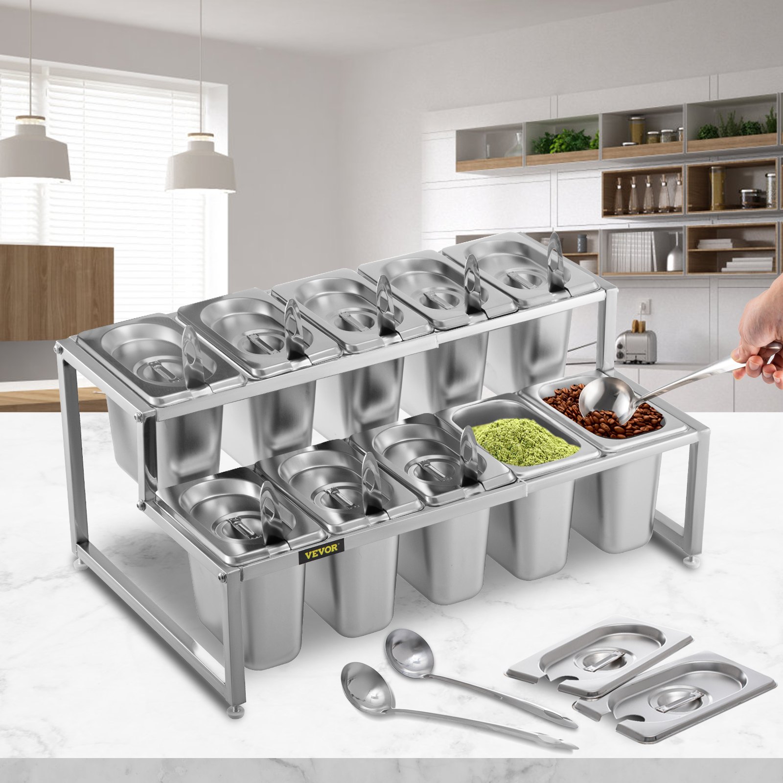 VEVOR Especiero extensible, 13.8"-23.6" ajustable, estante organizador de acero inoxidable de 2 niveles con 10 1/9 sartenes y 10 cucharones, soporte de encimera para ingredientes de salsa, frutas, para uso en cocina y despensa