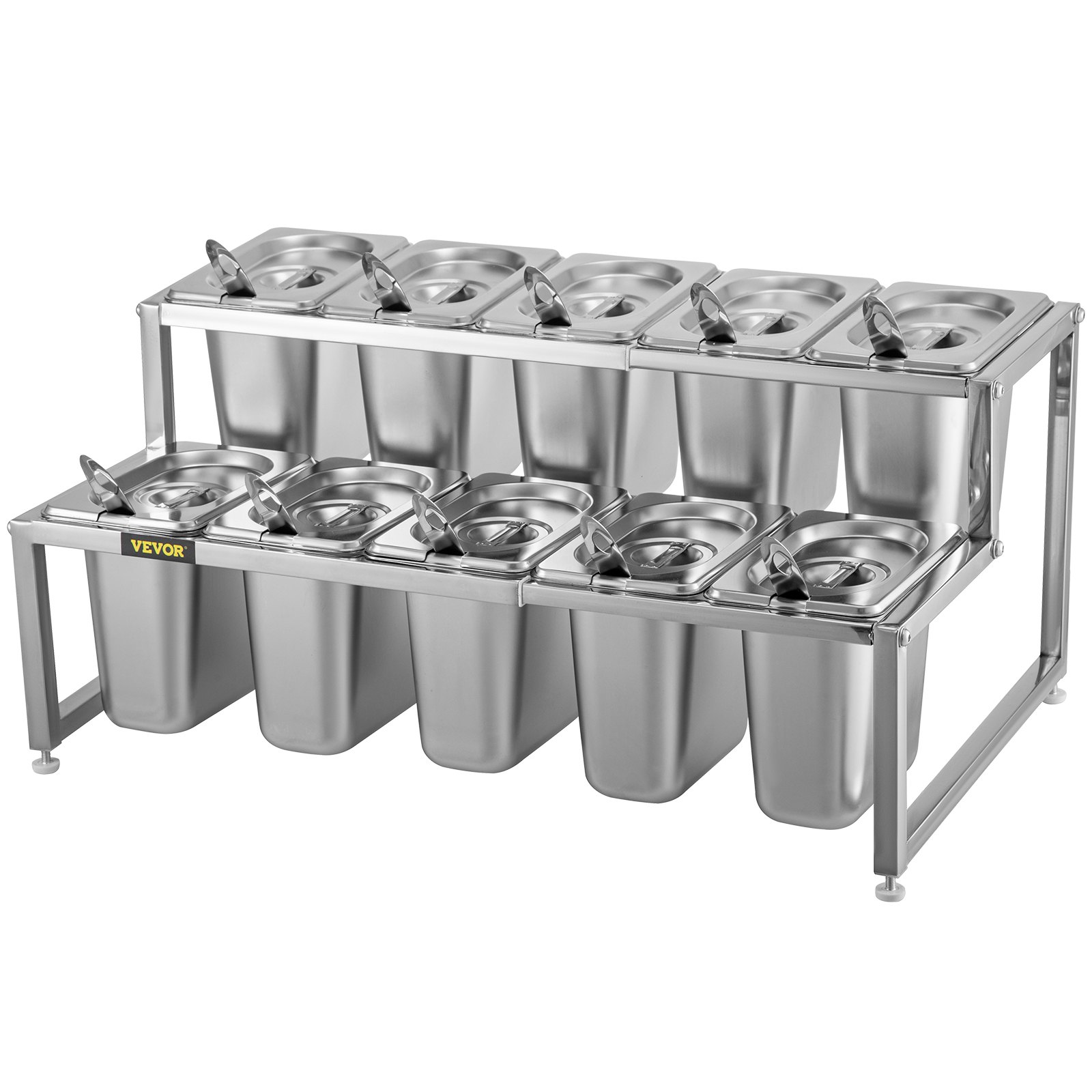 VEVOR Especiero extensible, 13.8"-23.6" ajustable, estante organizador de acero inoxidable de 2 niveles con 10 1/9 sartenes y 10 cucharones, soporte de encimera para ingredientes de salsa, frutas, para uso en cocina y despensa
