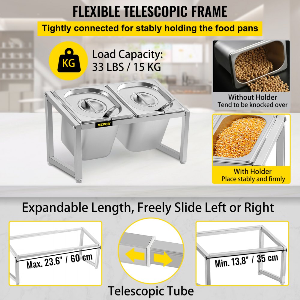Especiero extensible VEVOR con estructura telescópica flexible y capacidad de carga de 15 kg.