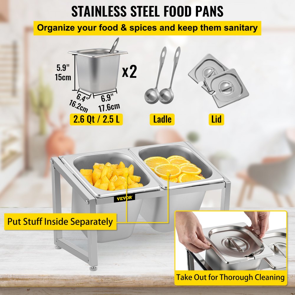 Sartenes de acero inoxidable con cucharones y tapas de VEVOR, organizadas de forma ordenada en una cocina.