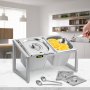Estación de condimentos de acero inoxidable VEVOR con rodajas de naranja y tapas plateadas en una cocina moderna.