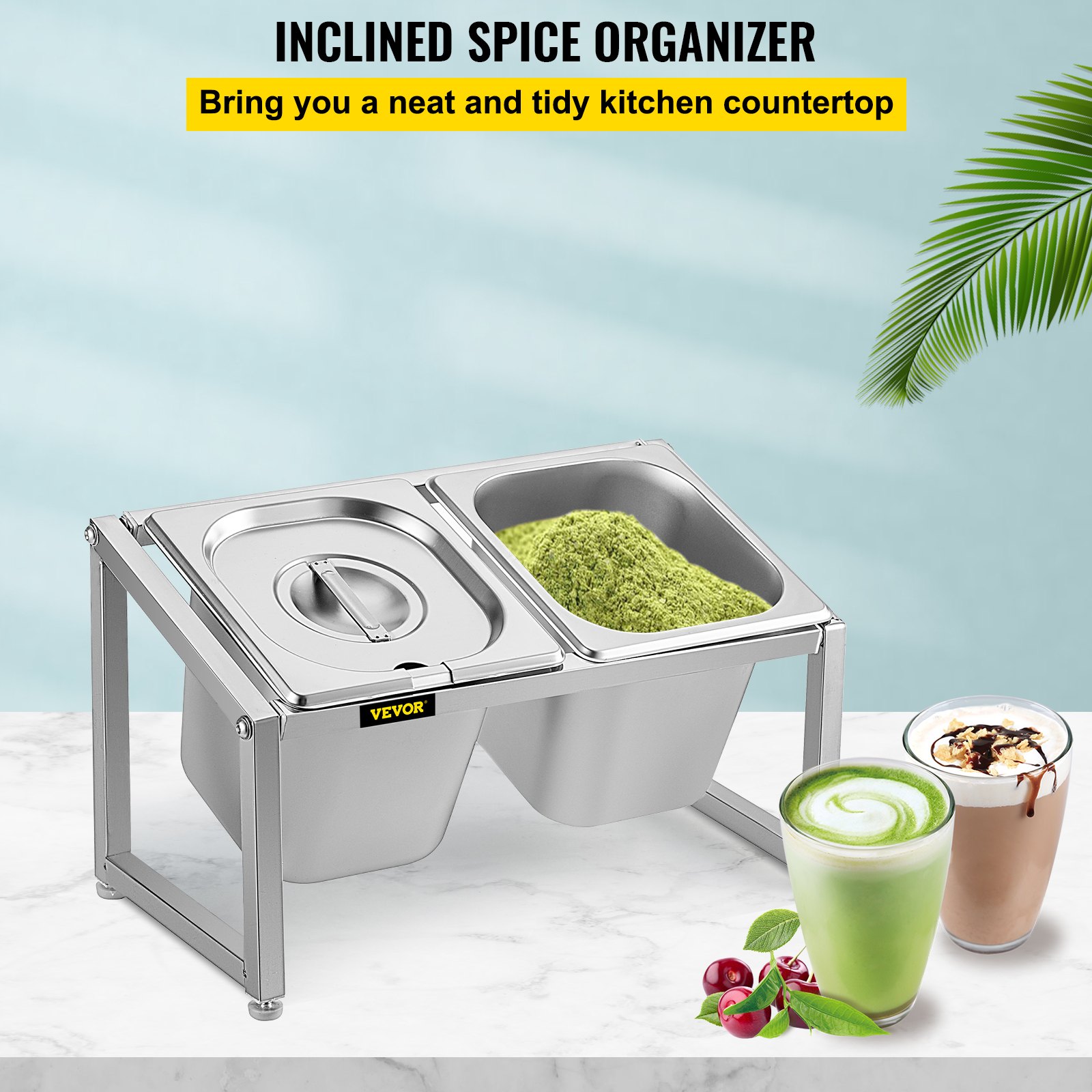 Estante de especias expandible VEVOR sobre encimera de mármol con matcha y café con leche.