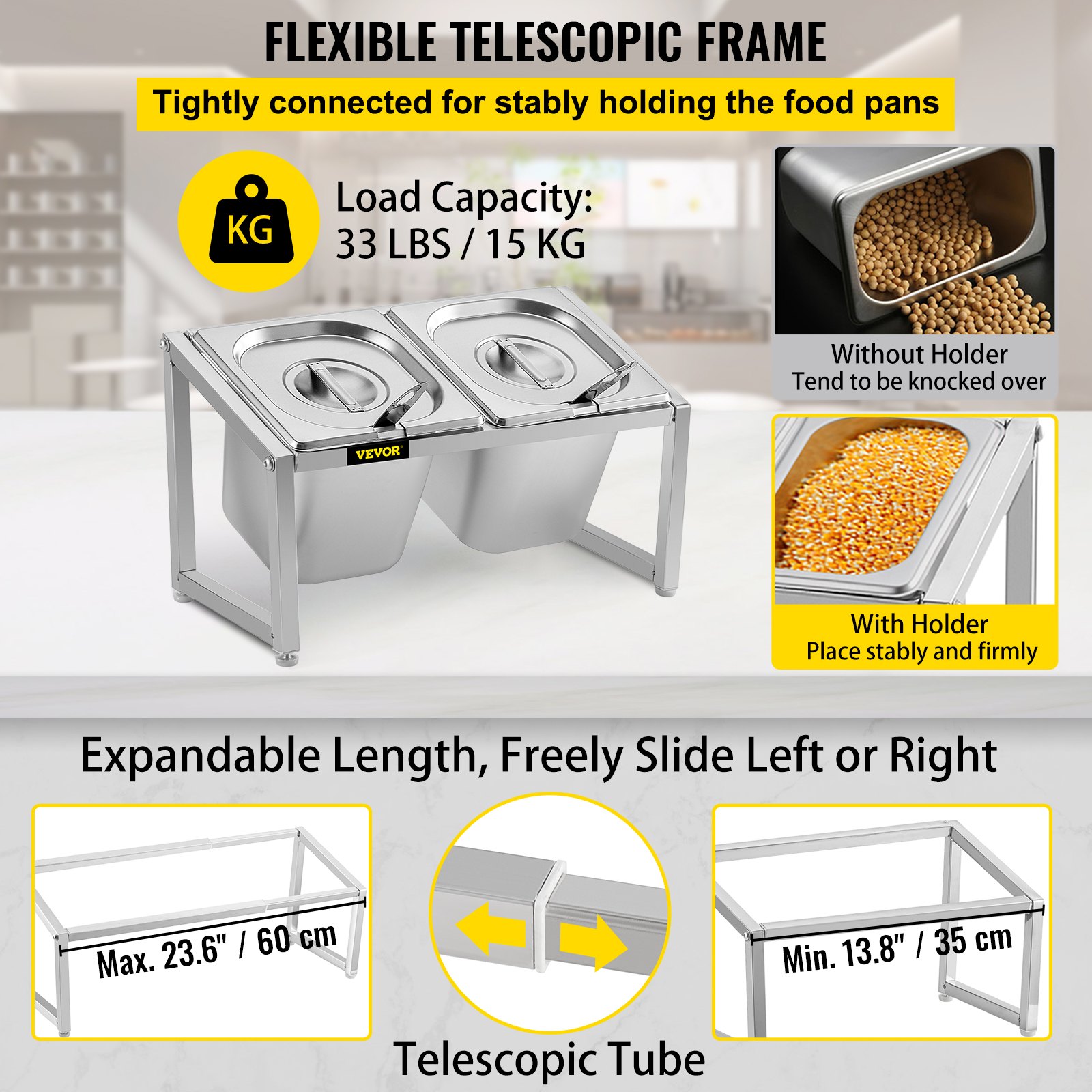 Especiero extensible VEVOR con estructura telescópica flexible y capacidad de carga de 15 kg.