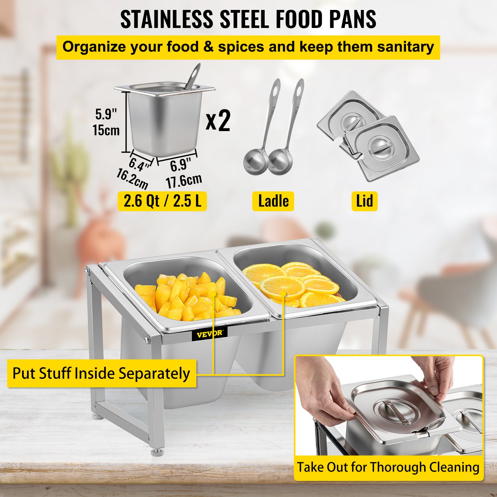 Sartenes de acero inoxidable con cucharones y tapas de VEVOR, organizadas de forma ordenada en una cocina.