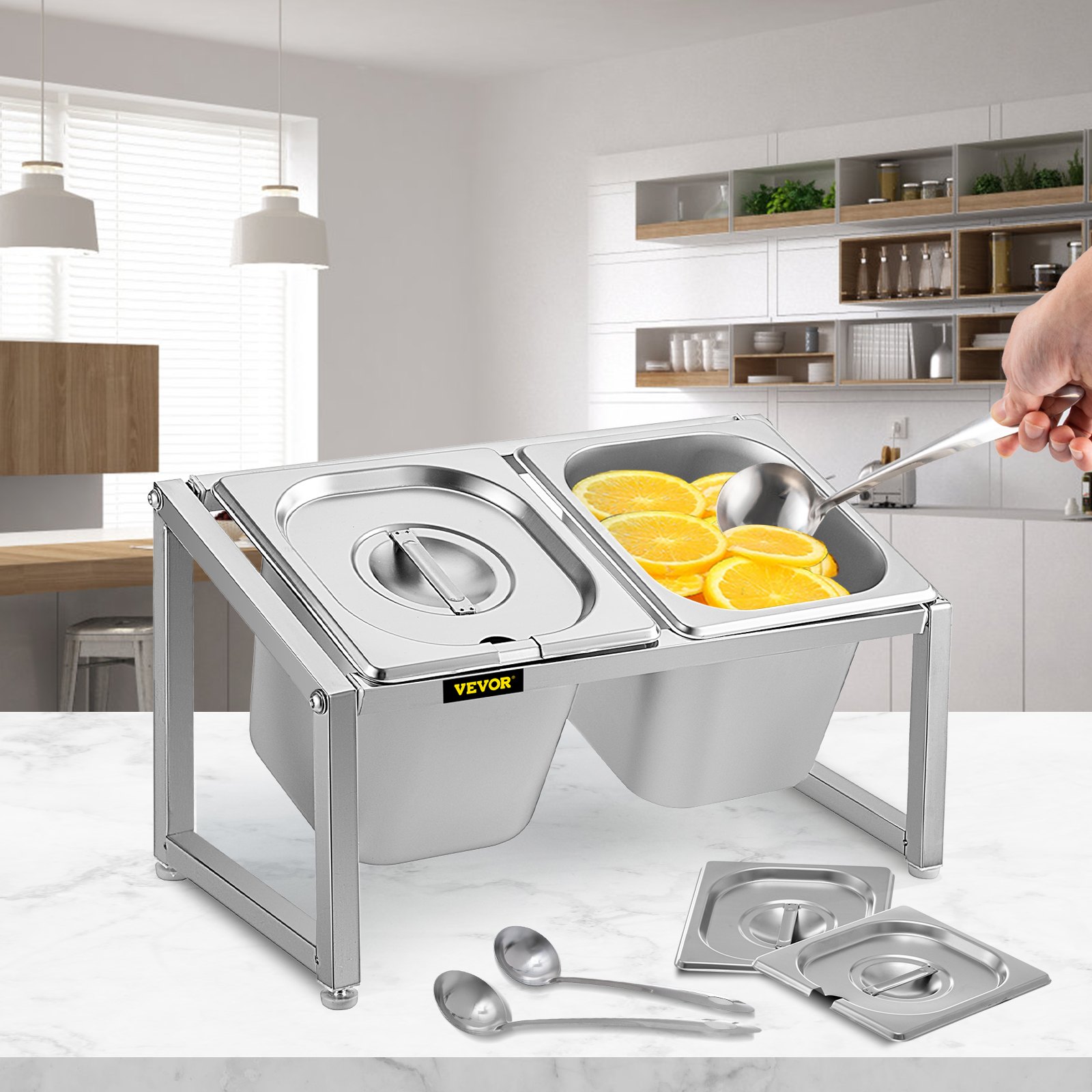 Estación de condimentos de acero inoxidable VEVOR con rodajas de naranja y tapas plateadas en una cocina moderna.