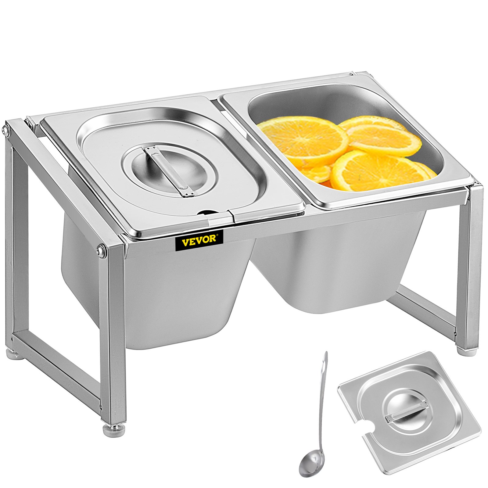 Chafing dish doble de acero inoxidable VEVOR con tapa, cuchara y rodajas de cítricos.