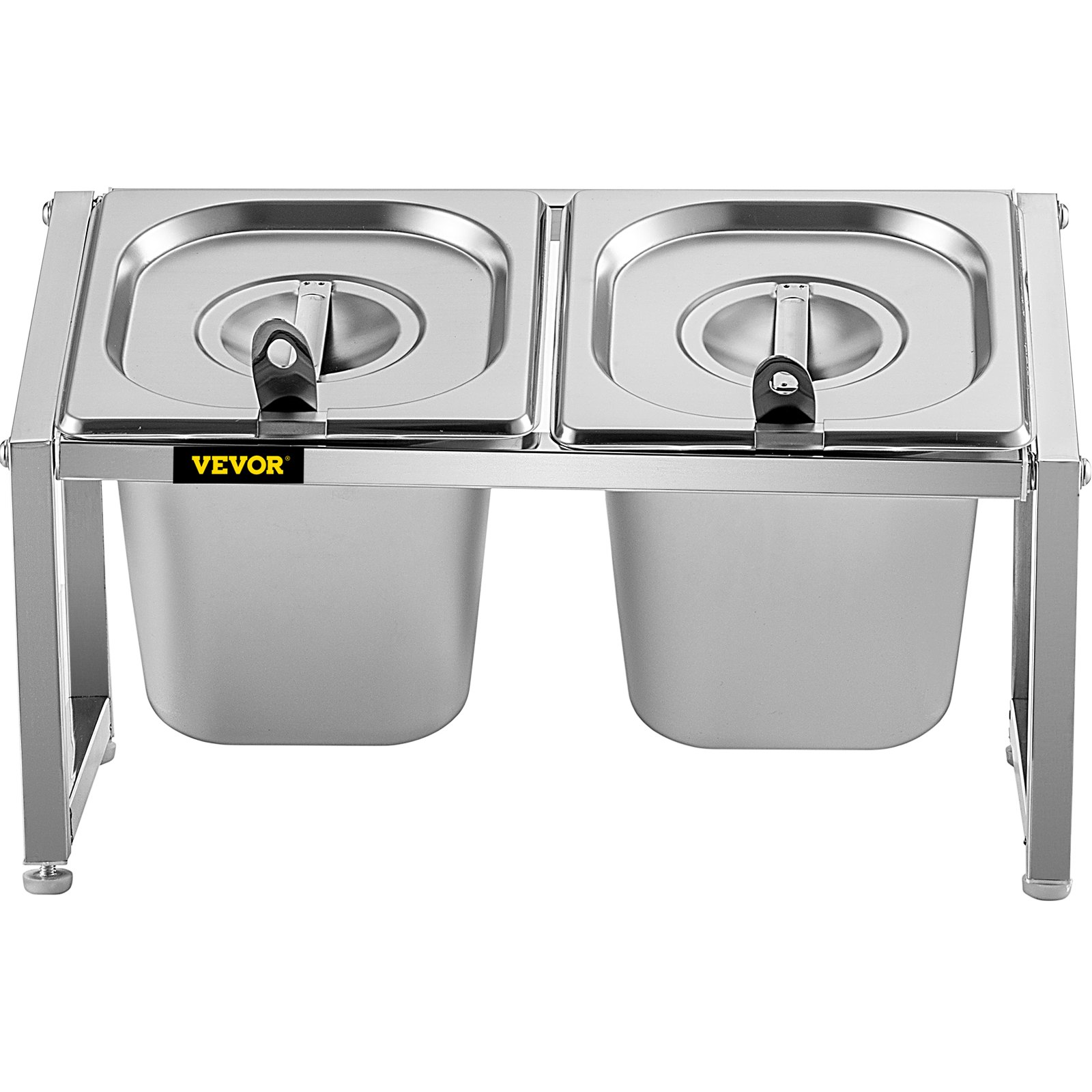 Contenedor para condimentos de acero inoxidable VEVOR con doble compartimento, tapas y soporte.