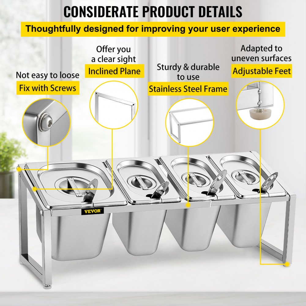 VEVOR Especiero extensible, 13.8"-23.6" ajustable, estante organizador de acero inoxidable con 3 1/9 sartenes 1 1/6 sartén 4 cucharones, soporte inclinado para encimera para ingredientes de salsa frutas, para uso en despensa de cocina