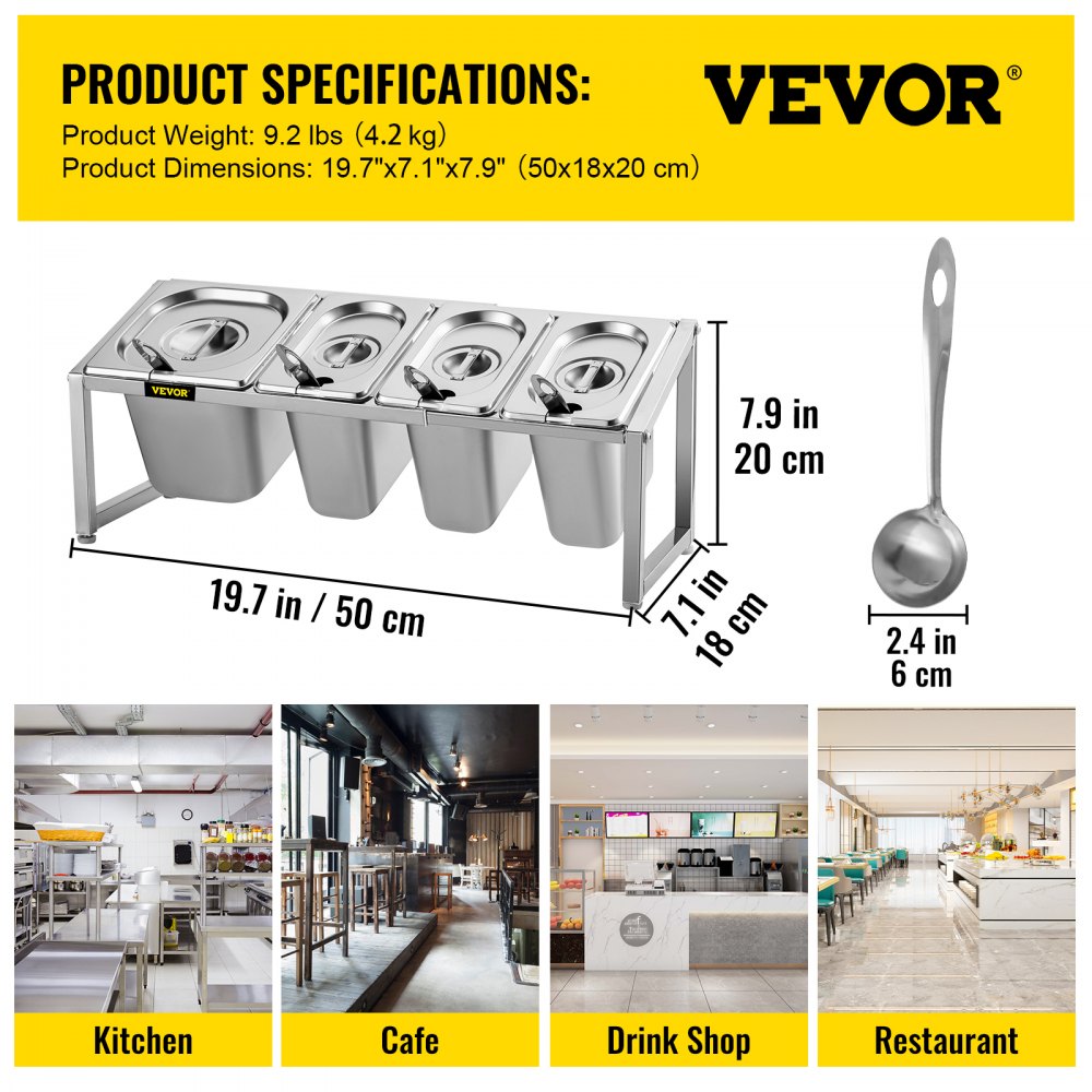 VEVOR Especiero extensible, 13.8"-23.6" ajustable, estante organizador de acero inoxidable con 3 1/9 sartenes 1 1/6 sartén 4 cucharones, soporte inclinado para encimera para ingredientes de salsa frutas, para uso en despensa de cocina