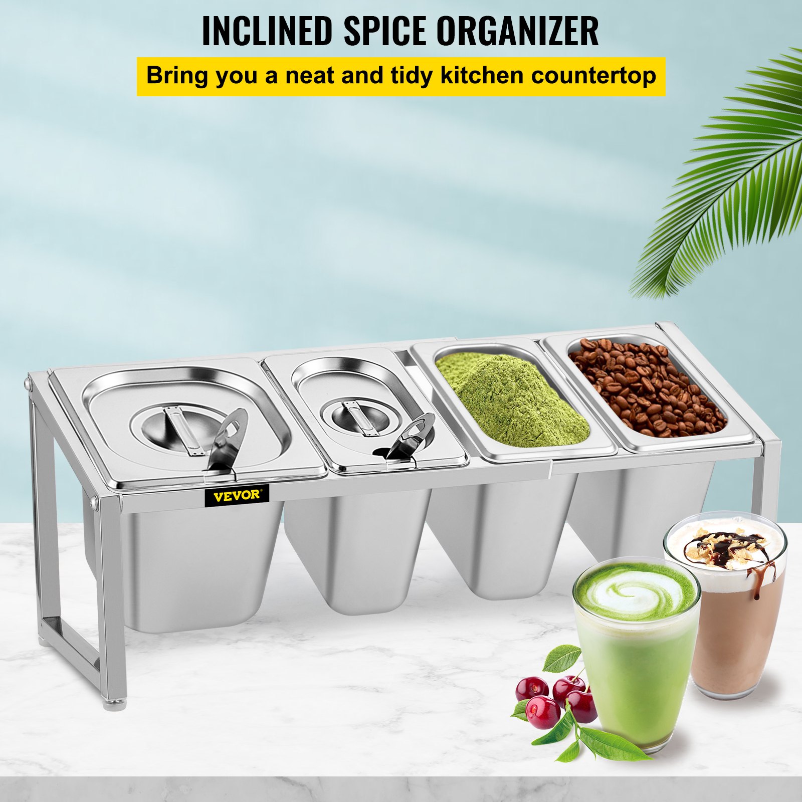 VEVOR Especiero extensible, 13.8"-23.6" ajustable, estante organizador de acero inoxidable con 3 1/9 sartenes 1 1/6 sartén 4 cucharones, soporte inclinado para encimera para ingredientes de salsa frutas, para uso en despensa de cocina
