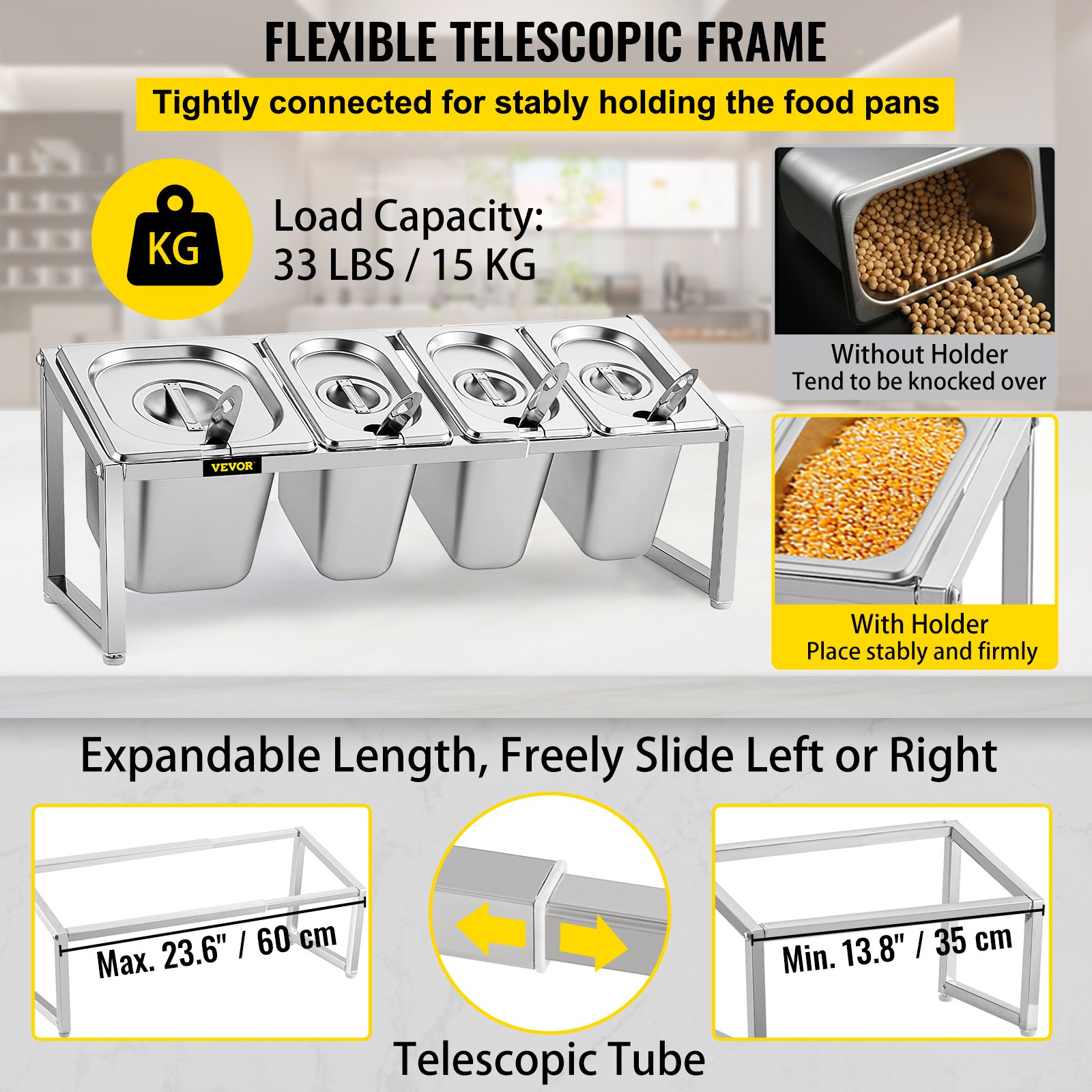 VEVOR Especiero extensible, 13.8"-23.6" ajustable, estante organizador de acero inoxidable con 3 1/9 sartenes 1 1/6 sartén 4 cucharones, soporte inclinado para encimera para ingredientes de salsa frutas, para uso en despensa de cocina
