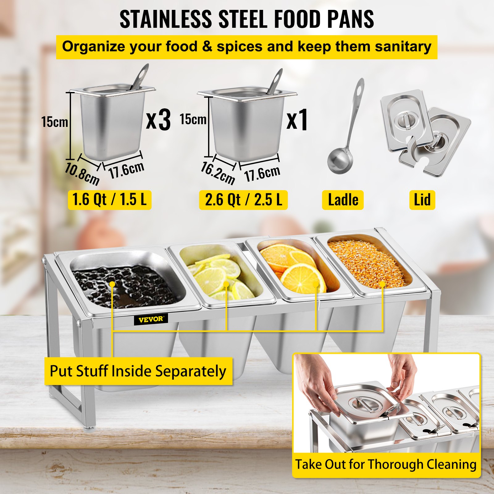 VEVOR Especiero extensible, 13.8"-23.6" ajustable, estante organizador de acero inoxidable con 3 1/9 sartenes 1 1/6 sartén 4 cucharones, soporte inclinado para encimera para ingredientes de salsa frutas, para uso en despensa de cocina