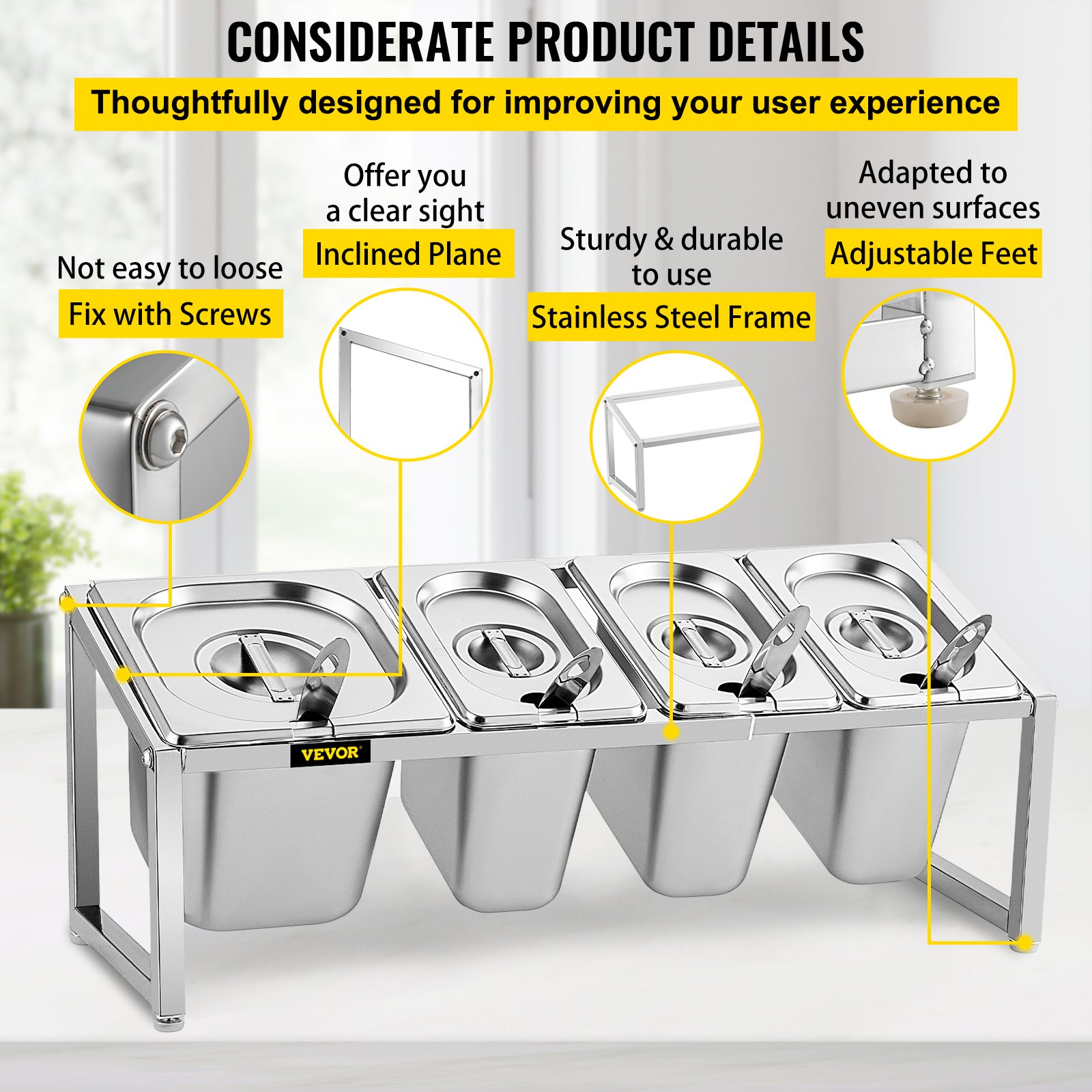 VEVOR Especiero extensible, 13.8"-23.6" ajustable, estante organizador de acero inoxidable con 3 1/9 sartenes 1 1/6 sartén 4 cucharones, soporte inclinado para encimera para ingredientes de salsa frutas, para uso en despensa de cocina