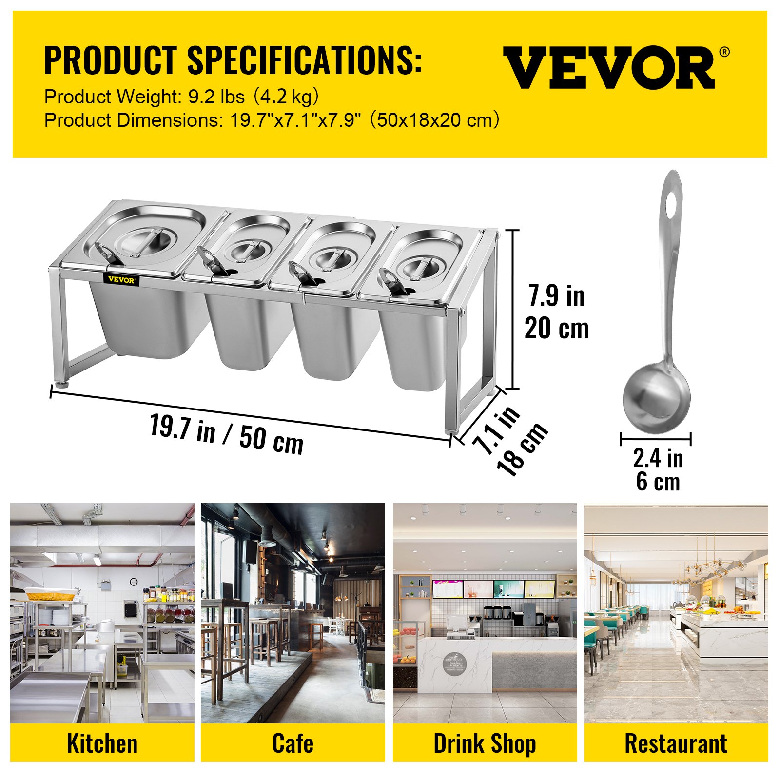 VEVOR Especiero extensible, 13.8"-23.6" ajustable, estante organizador de acero inoxidable con 3 1/9 sartenes 1 1/6 sartén 4 cucharones, soporte inclinado para encimera para ingredientes de salsa frutas, para uso en despensa de cocina