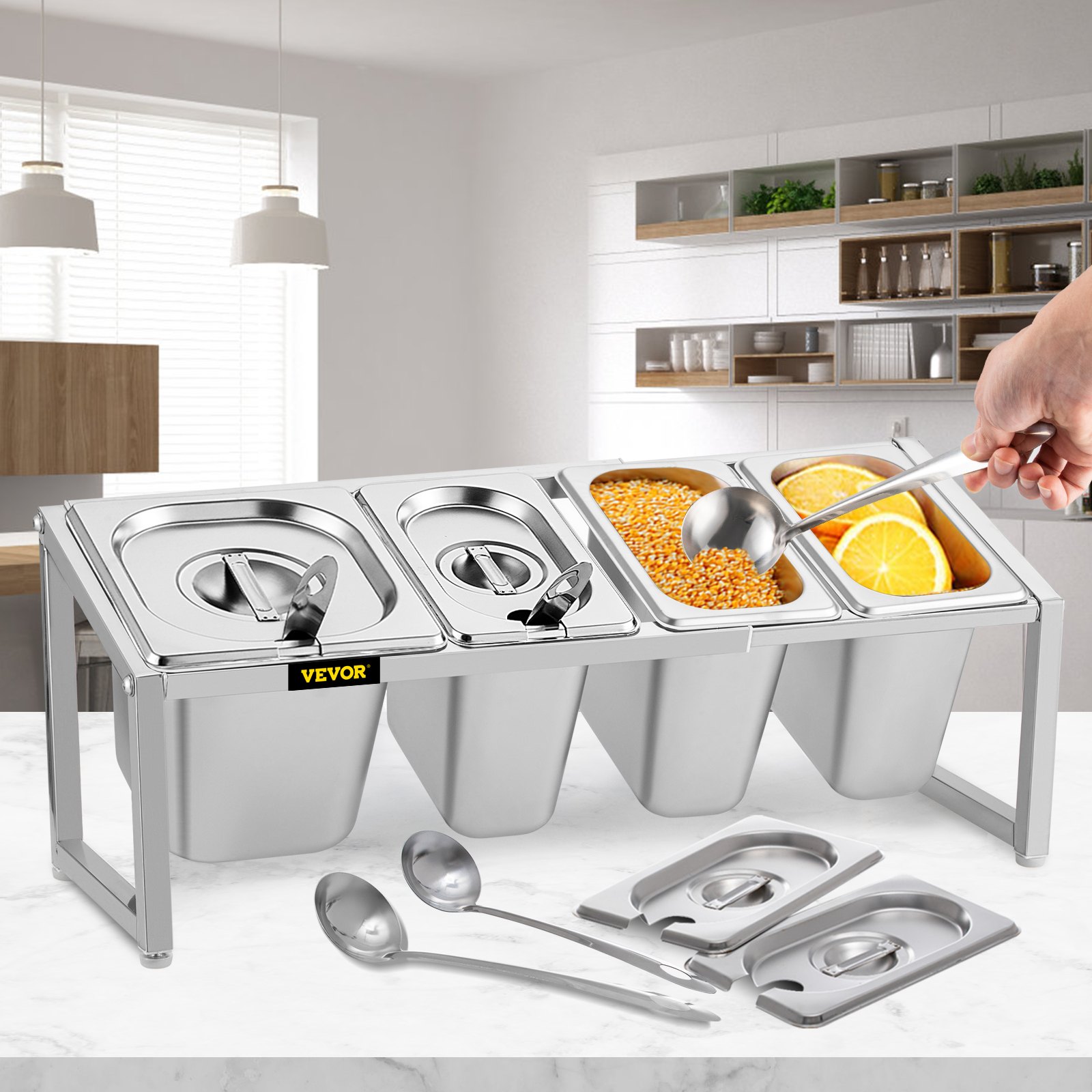 VEVOR Especiero extensible, 13.8"-23.6" ajustable, estante organizador de acero inoxidable con 3 1/9 sartenes 1 1/6 sartén 4 cucharones, soporte inclinado para encimera para ingredientes de salsa frutas, para uso en despensa de cocina