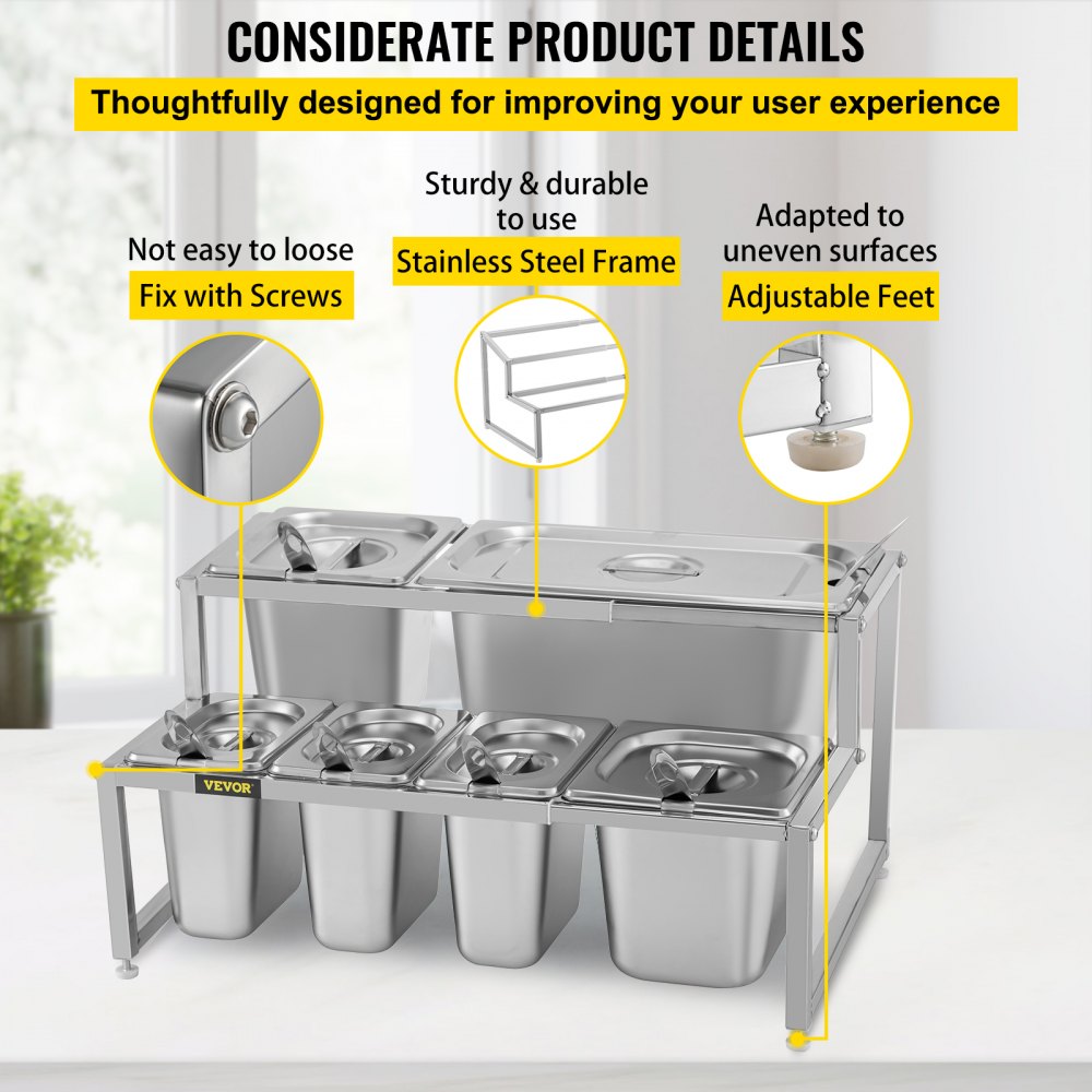 VEVOR Especiero extensible, 13.8"-23.6" ajustable, estante organizador de acero inoxidable de 2 niveles con 3 1/9 sartenes 2 1/6 sartenes 1 1/3 sartén 6 cucharones, soporte inclinado para encimera para ingredientes de salsa frutas