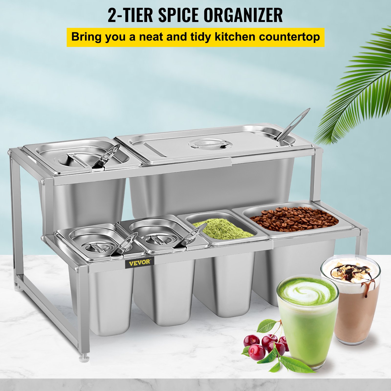 VEVOR Especiero extensible, 13.8"-23.6" ajustable, estante organizador de acero inoxidable de 2 niveles con 3 1/9 sartenes 2 1/6 sartenes 1 1/3 sartén 6 cucharones, soporte inclinado para encimera para ingredientes de salsa frutas