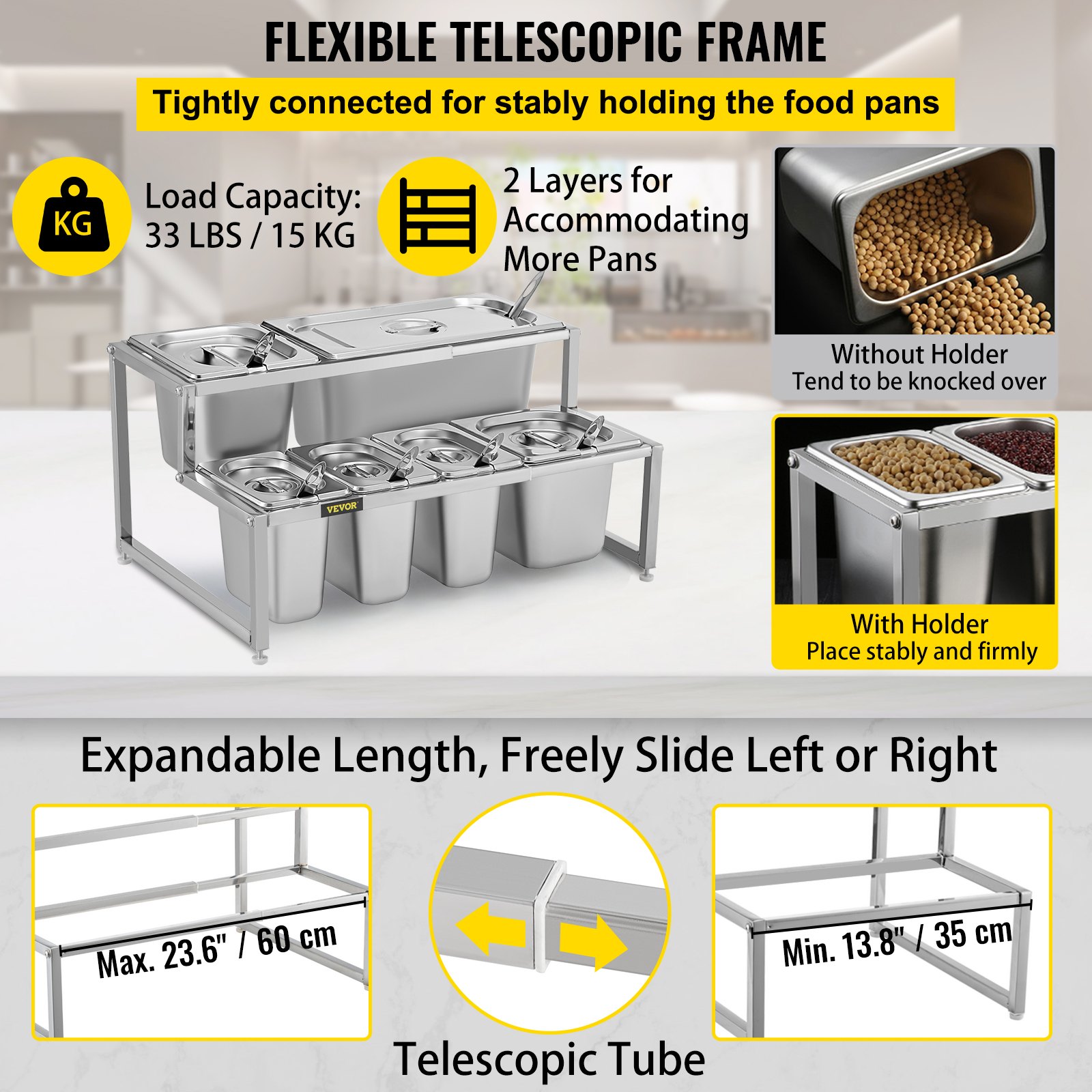 VEVOR Especiero extensible, 13.8"-23.6" ajustable, estante organizador de acero inoxidable de 2 niveles con 3 1/9 sartenes 2 1/6 sartenes 1 1/3 sartén 6 cucharones, soporte inclinado para encimera para ingredientes de salsa frutas