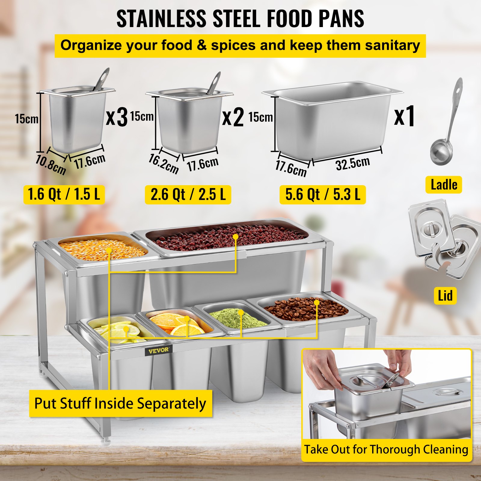 VEVOR Especiero extensible, 13.8"-23.6" ajustable, estante organizador de acero inoxidable de 2 niveles con 3 1/9 sartenes 2 1/6 sartenes 1 1/3 sartén 6 cucharones, soporte inclinado para encimera para ingredientes de salsa frutas