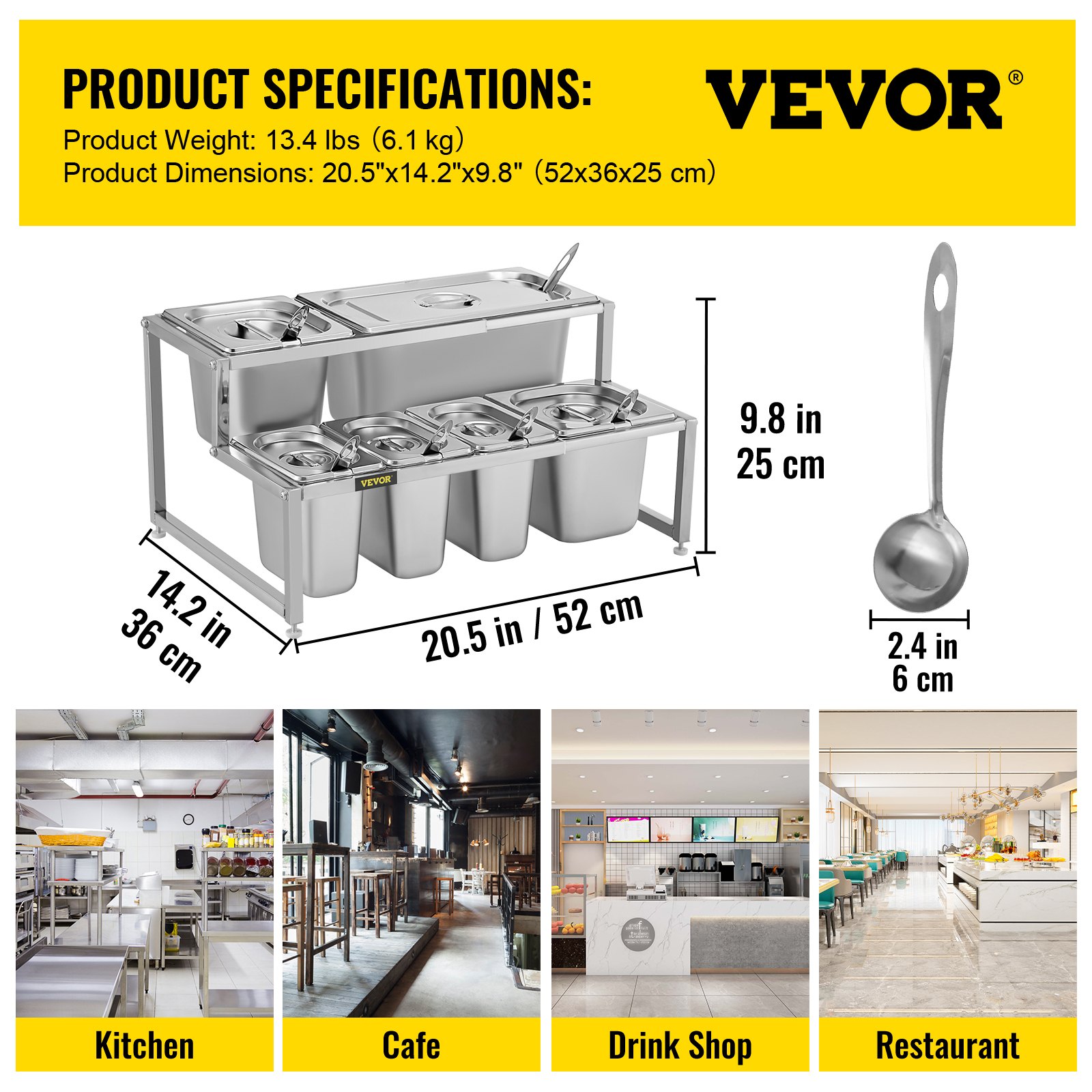 VEVOR Especiero extensible, 13.8"-23.6" ajustable, estante organizador de acero inoxidable de 2 niveles con 3 1/9 sartenes 2 1/6 sartenes 1 1/3 sartén 6 cucharones, soporte inclinado para encimera para ingredientes de salsa frutas
