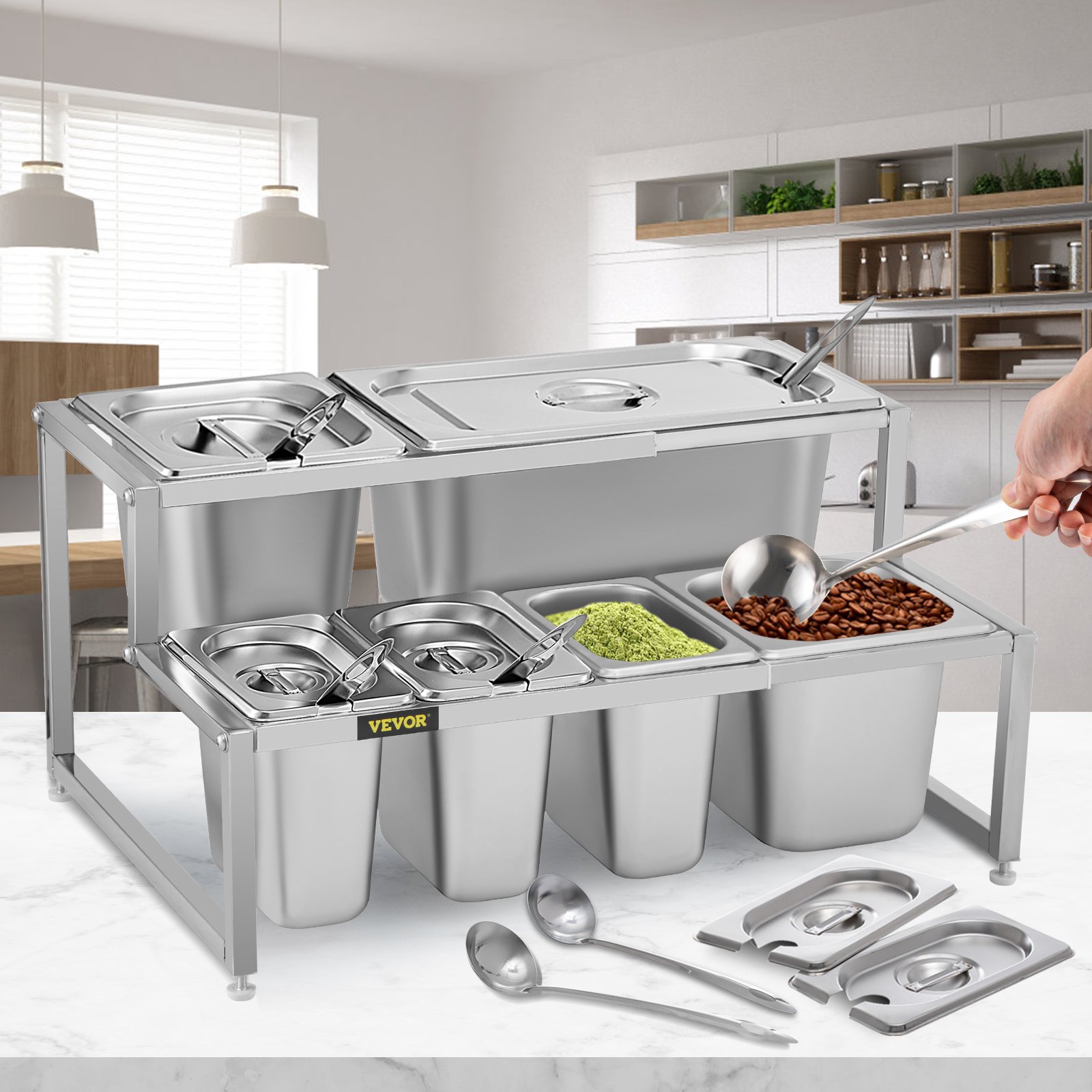 VEVOR Especiero extensible, 13.8"-23.6" ajustable, estante organizador de acero inoxidable de 2 niveles con 3 1/9 sartenes 2 1/6 sartenes 1 1/3 sartén 6 cucharones, soporte inclinado para encimera para ingredientes de salsa frutas
