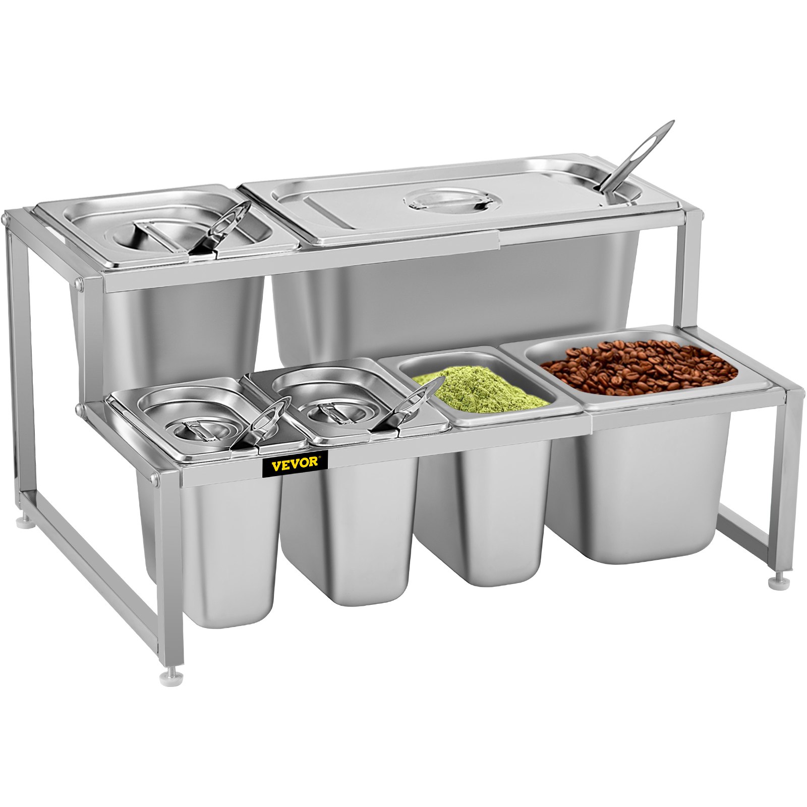 VEVOR Especiero extensible, 13.8"-23.6" ajustable, estante organizador de acero inoxidable de 2 niveles con 3 1/9 sartenes 2 1/6 sartenes 1 1/3 sartén 6 cucharones, soporte inclinado para encimera para ingredientes de salsa frutas