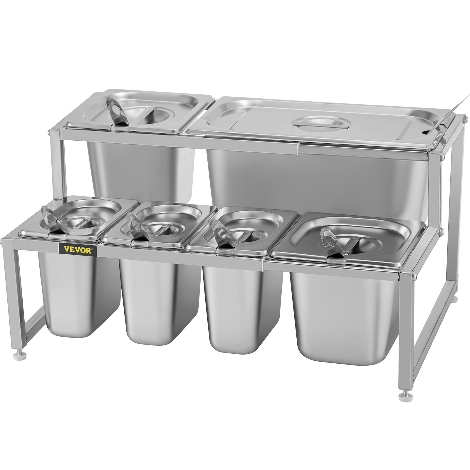 VEVOR Especiero extensible, 13.8"-23.6" ajustable, estante organizador de acero inoxidable de 2 niveles con 3 1/9 sartenes 2 1/6 sartenes 1 1/3 sartén 6 cucharones, soporte inclinado para encimera para ingredientes de salsa frutas