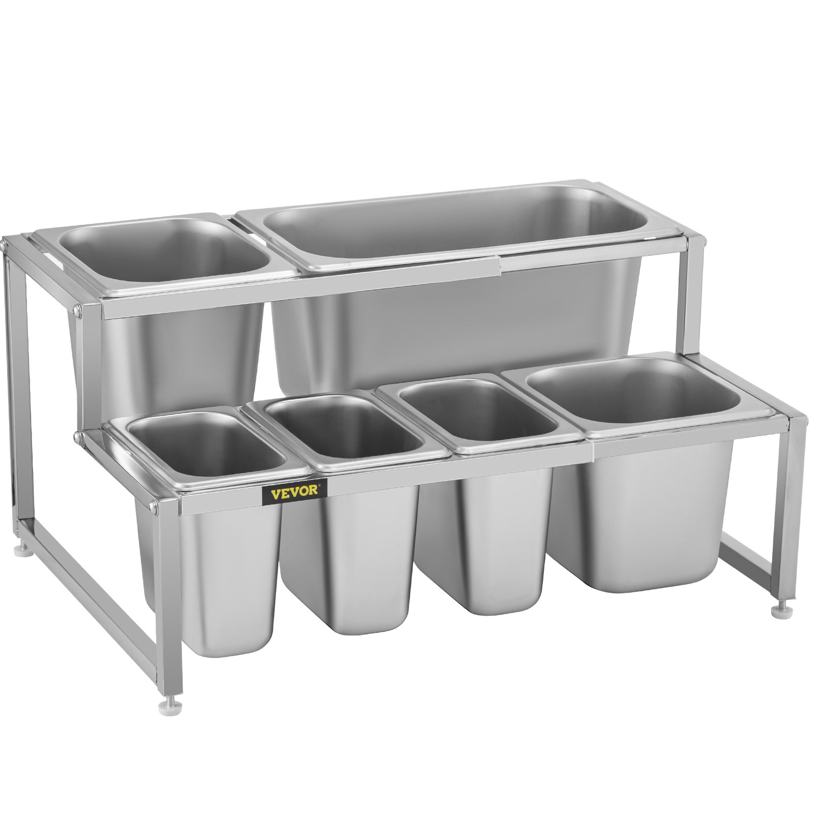 VEVOR Especiero extensible, 13.8"-23.6" ajustable, estante organizador de acero inoxidable de 2 niveles con 3 1/9 sartenes 2 1/6 sartenes 1 1/3 sartén 6 cucharones, soporte inclinado para encimera para ingredientes de salsa frutas