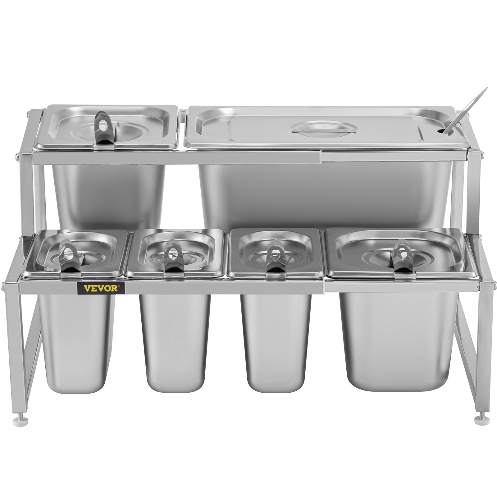 VEVOR Especiero extensible, 13.8"-23.6" ajustable, estante organizador de acero inoxidable de 2 niveles con 3 1/9 sartenes 2 1/6 sartenes 1 1/3 sartén 6 cucharones, soporte inclinado para encimera para ingredientes de salsa frutas