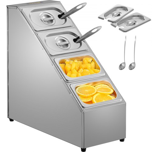 Estante para especias VEVOR, cuatro filas, soporte organizador de acero inoxidable con cuatro sartenes de 1/9 y cuatro cucharones, soporte inclinado para encimera para condimentar salsa, mermelada, ingredientes de frutas, para uso en despensa de cocina