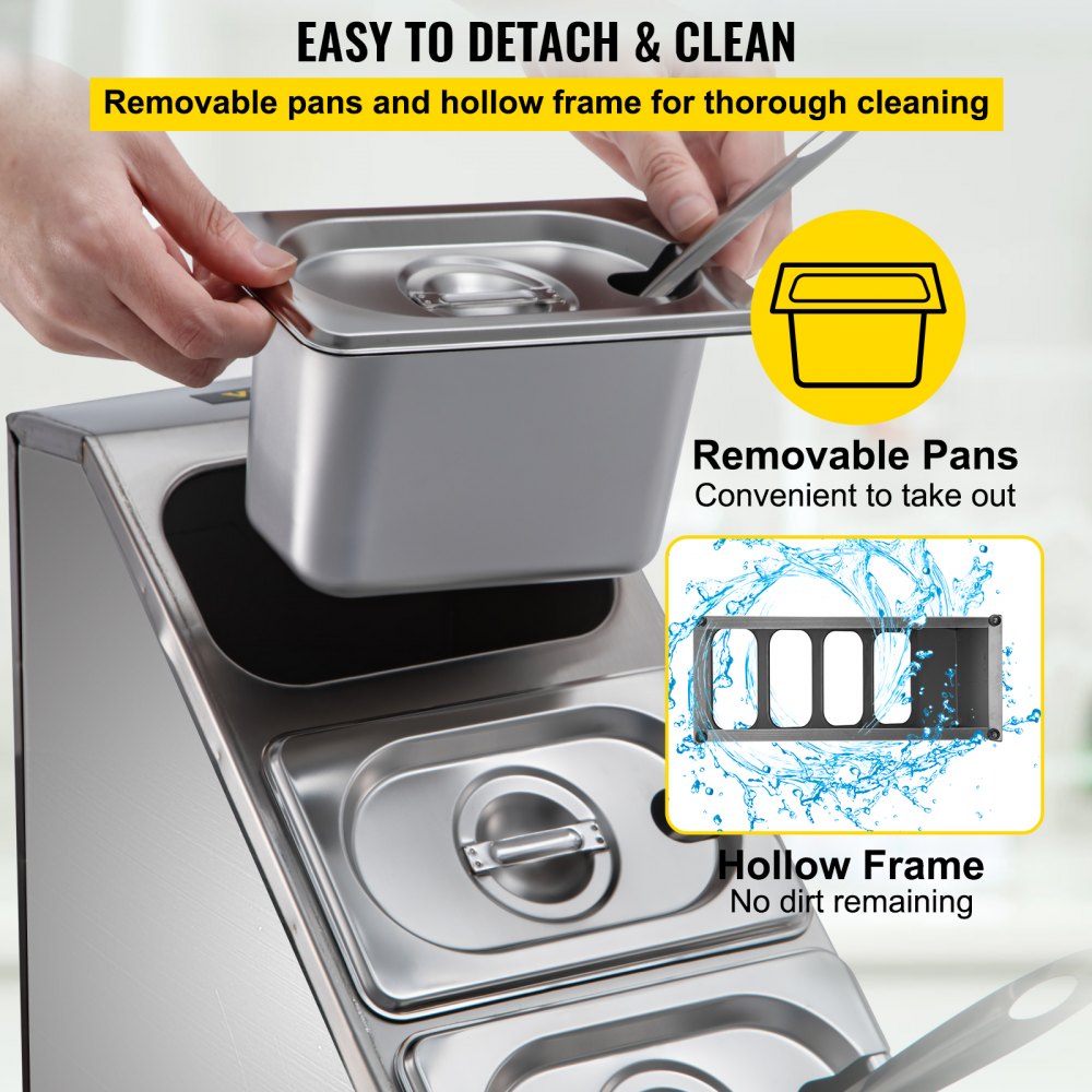 Estante para especias VEVOR, cuatro filas, soporte organizador de acero inoxidable con cuatro sartenes de 1/9 y cuatro cucharones, soporte inclinado para encimera para condimentar salsa, mermelada, ingredientes de frutas, para uso en despensa de cocina