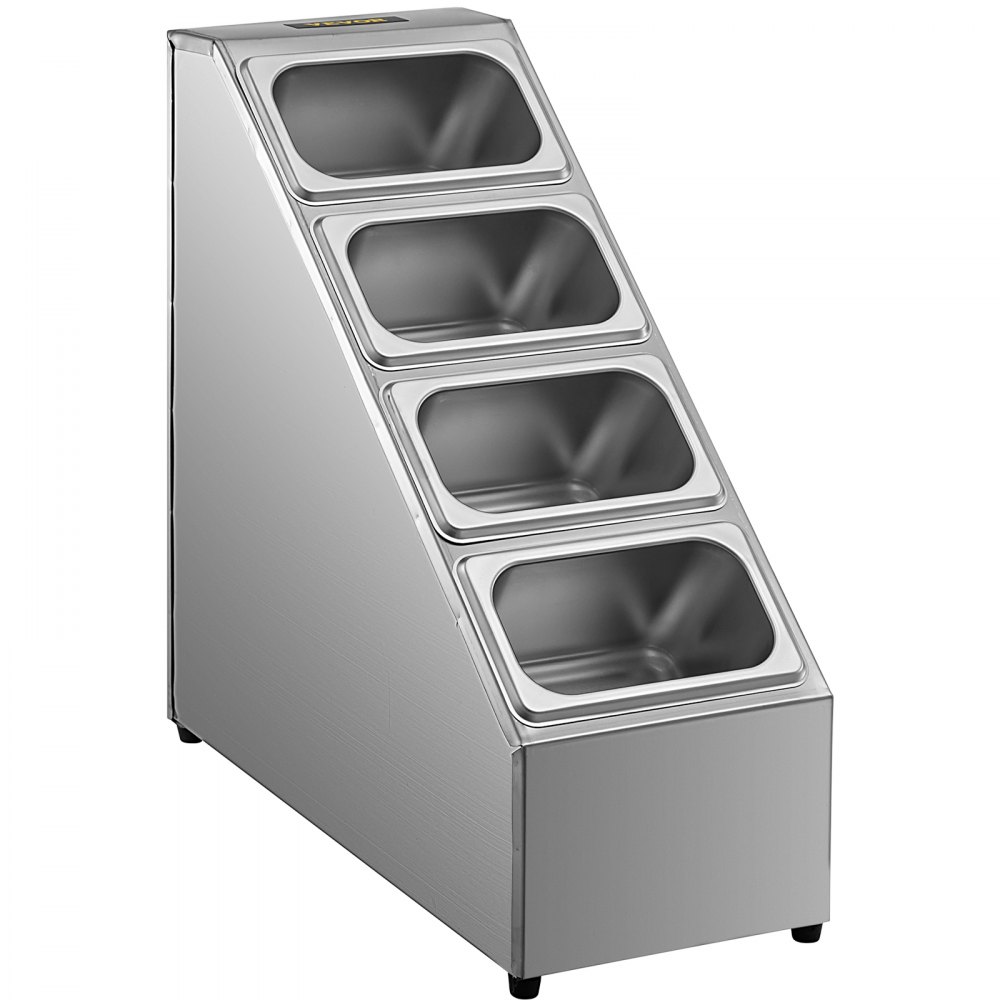 Estante para especias VEVOR, cuatro filas, soporte organizador de acero inoxidable con cuatro sartenes de 1/9 y cuatro cucharones, soporte inclinado para encimera para condimentar salsa, mermelada, ingredientes de frutas, para uso en despensa de cocina