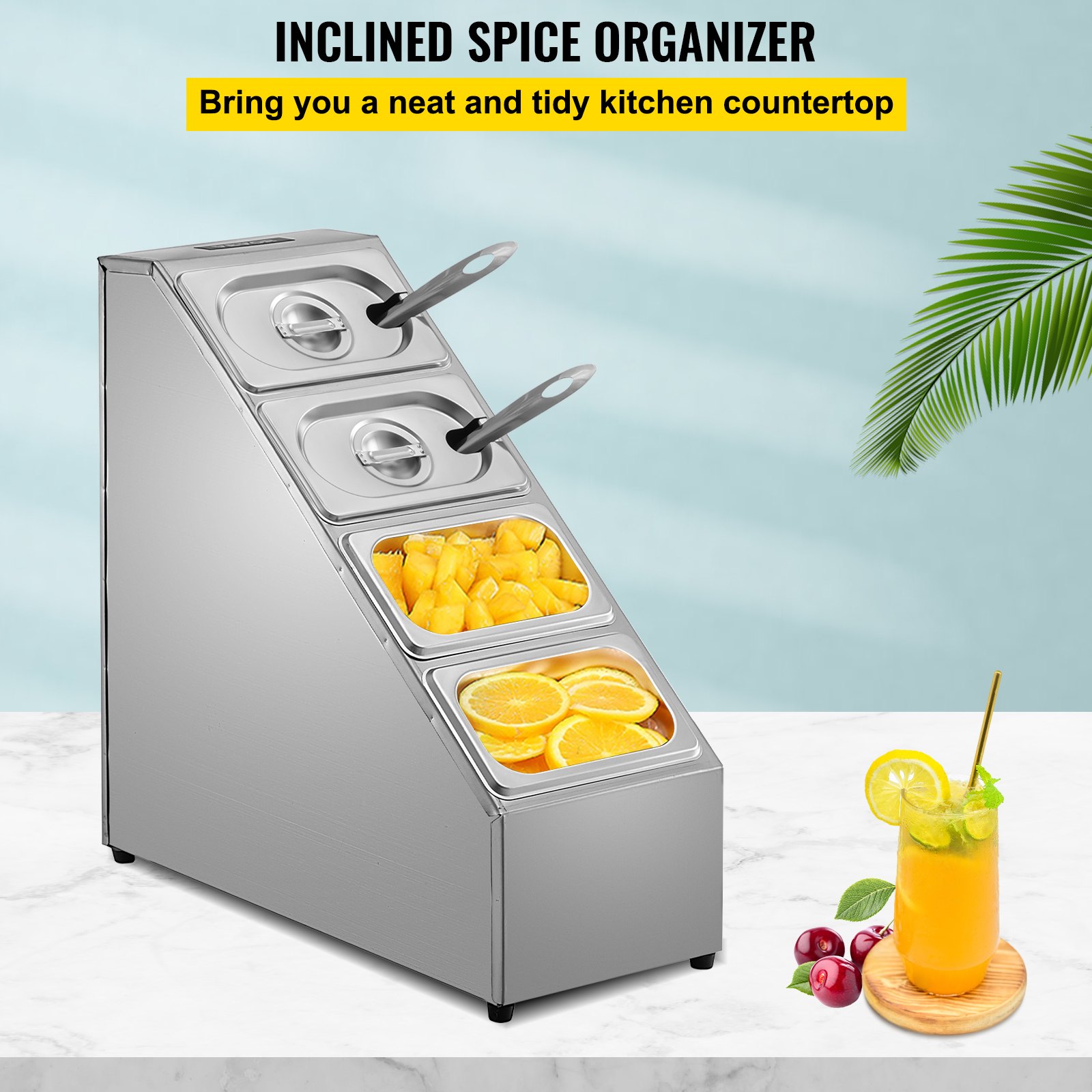 Estante para especias VEVOR, cuatro filas, soporte organizador de acero inoxidable con cuatro sartenes de 1/9 y cuatro cucharones, soporte inclinado para encimera para condimentar salsa, mermelada, ingredientes de frutas, para uso en despensa de cocina